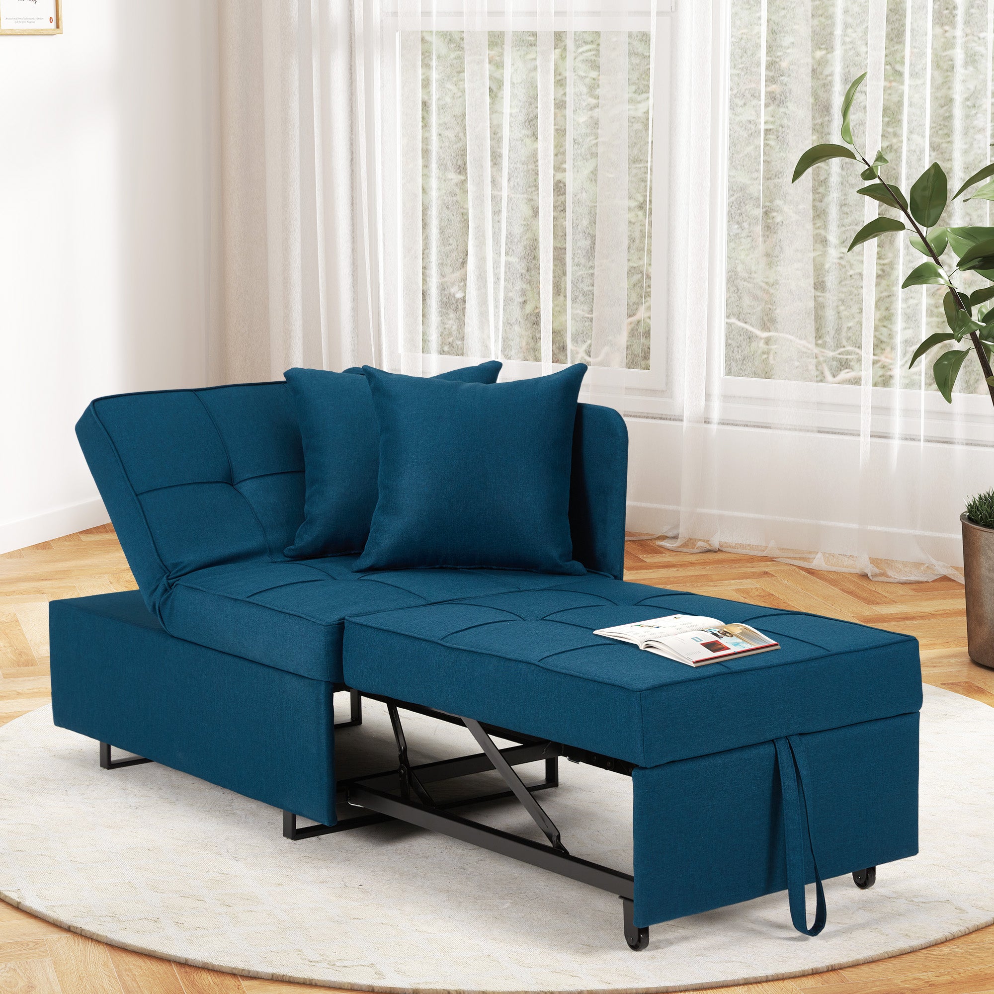 HOMREST 3 IN 1 Futon Sofa Bed Convertible Recliner Lounge for Living Room with Reclining Backrest, Linen, Peacock Blue