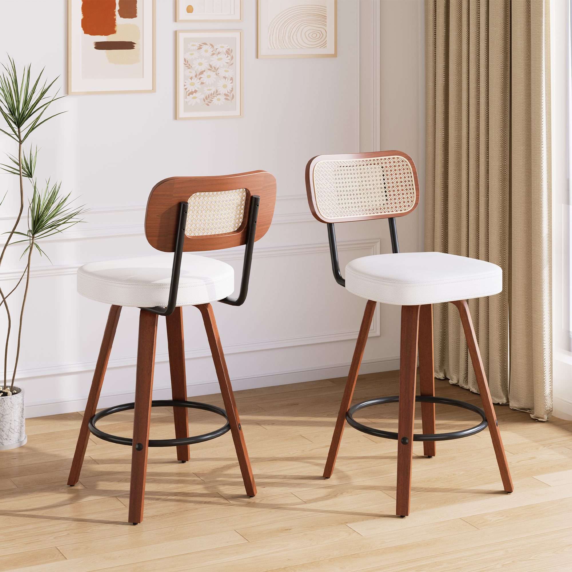 HOMREST Swivel Upholstered Rattan Back Counter & Bar Stool, Bar Chair With Solid Wood Frame And Metal Footrest (set Of 2), Beige