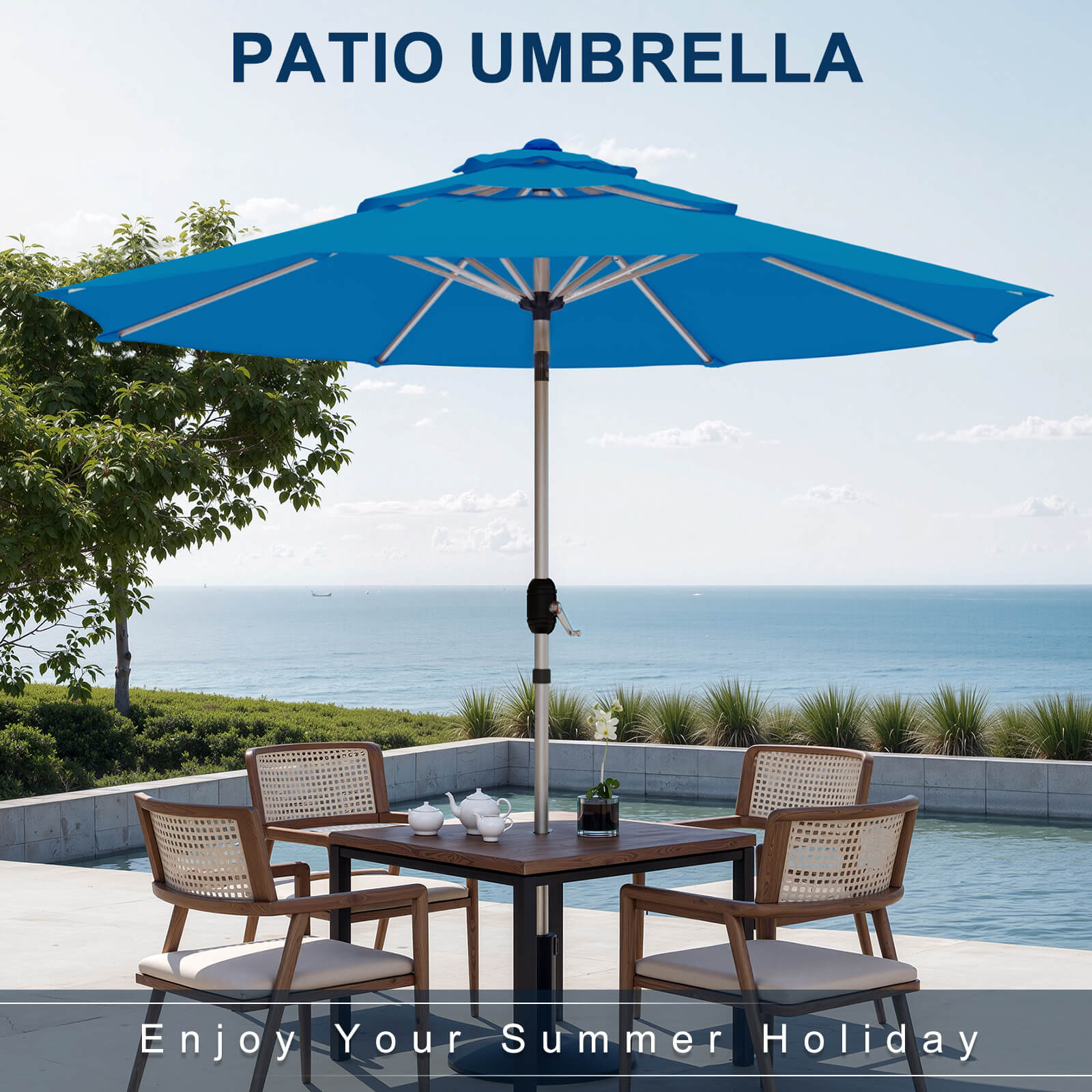 Homrest 9FT 3-Tier Aluminum Patio Umbrella, Fade-Resistant with Push Tilt, 8 Sturdy Aluminum Ribs,Royal Blue