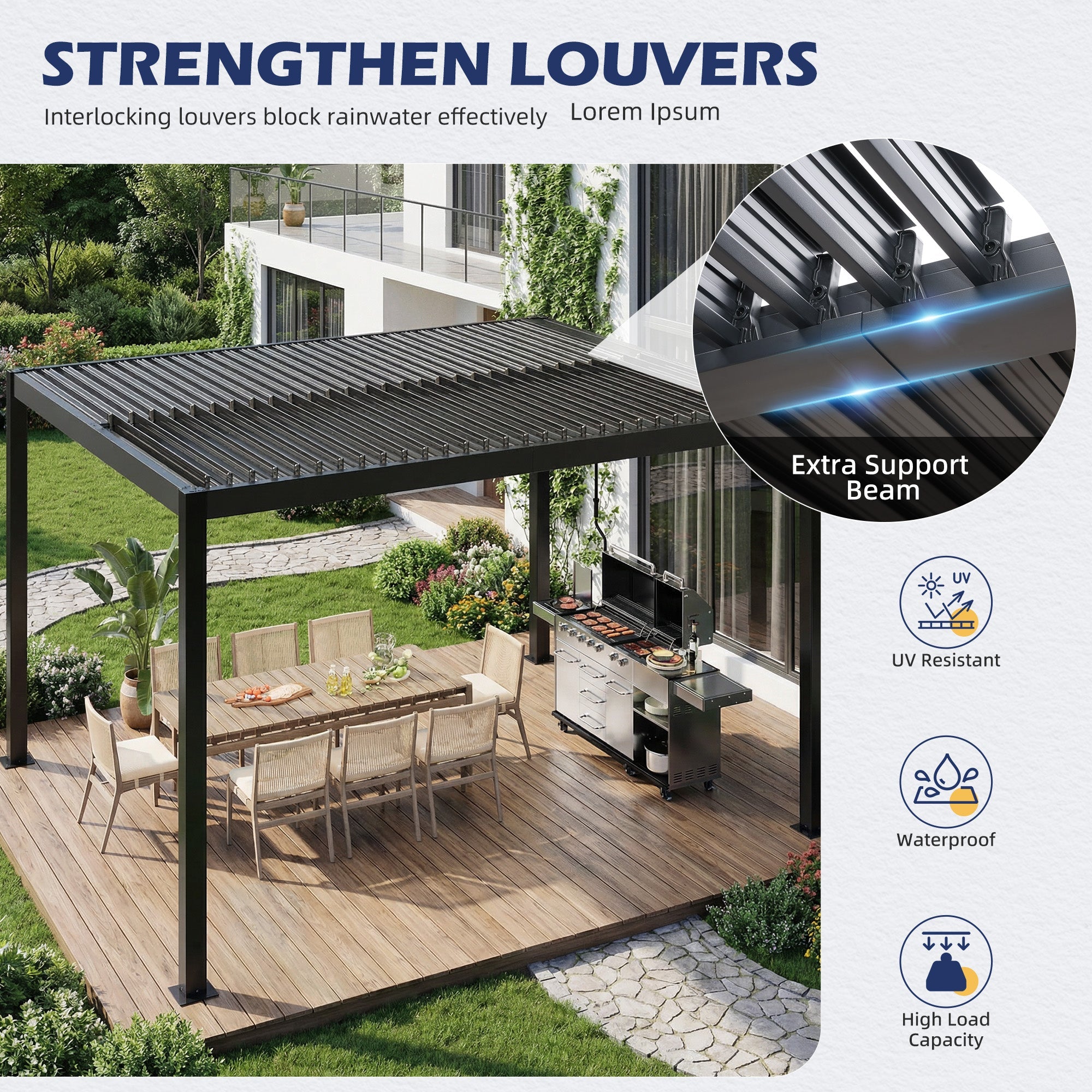 HOMREST 10' x 12' Outdoor Pergola with Adjustable Louvered Roof & Integrated Drainage, Heavy-Duty Metal Louvered Pergola for Patios, Black