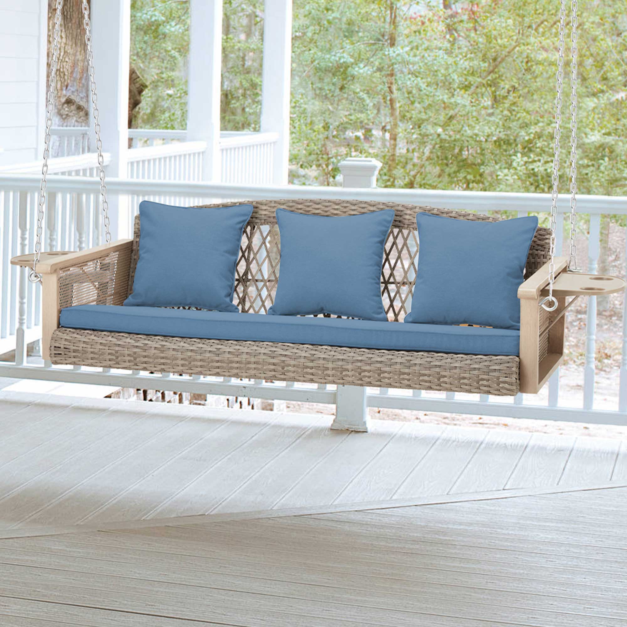 3-Seater Outdoor Wicker Porch Swing with Cup Holders and Waterproof Cushions for Porch and Balcony, Blue | Homrest Furniture