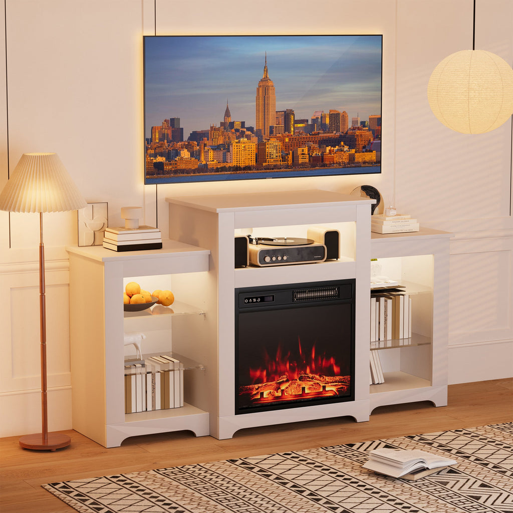 HOMREST 55" Electric Fireplace TV Stand with 16 Color Lights, Wooden Entertainment Center with Adjustable Shelves, White