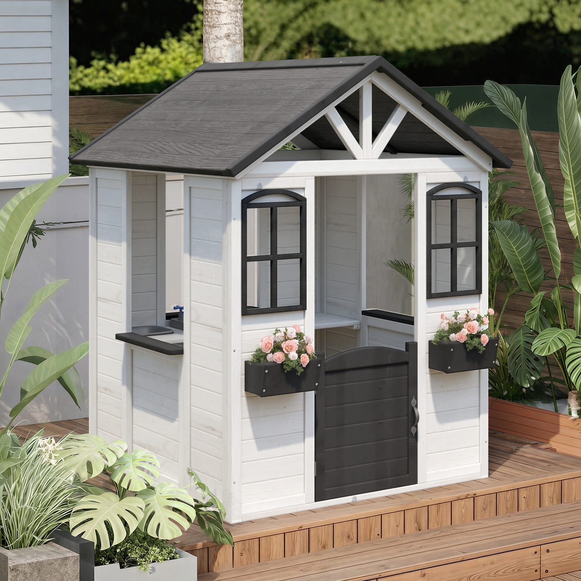 HOMREST Wooden Playhouse for Kids, Outdoor Garden Pretend Play Games, Adventure Cottage, with Working Door, Windows, Service Station, Flowers Pot Holders, White