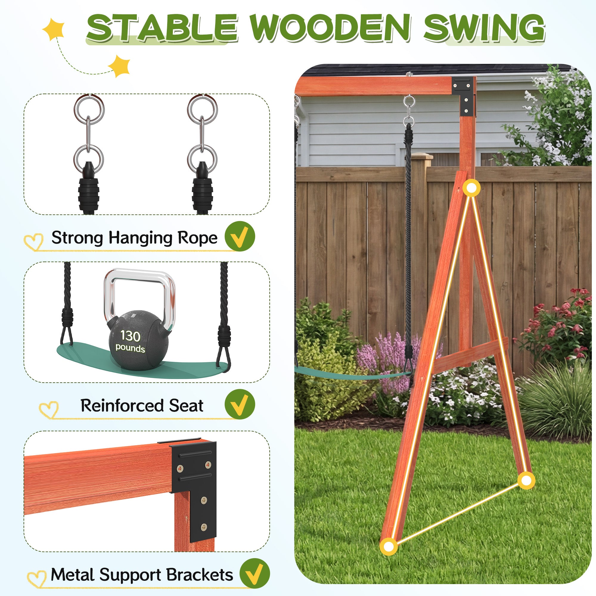 HOMREST Kids Outdoor Wooden Swing Set with Elevated Playhouse, Wave Slide, Belt Swings and Sandbox