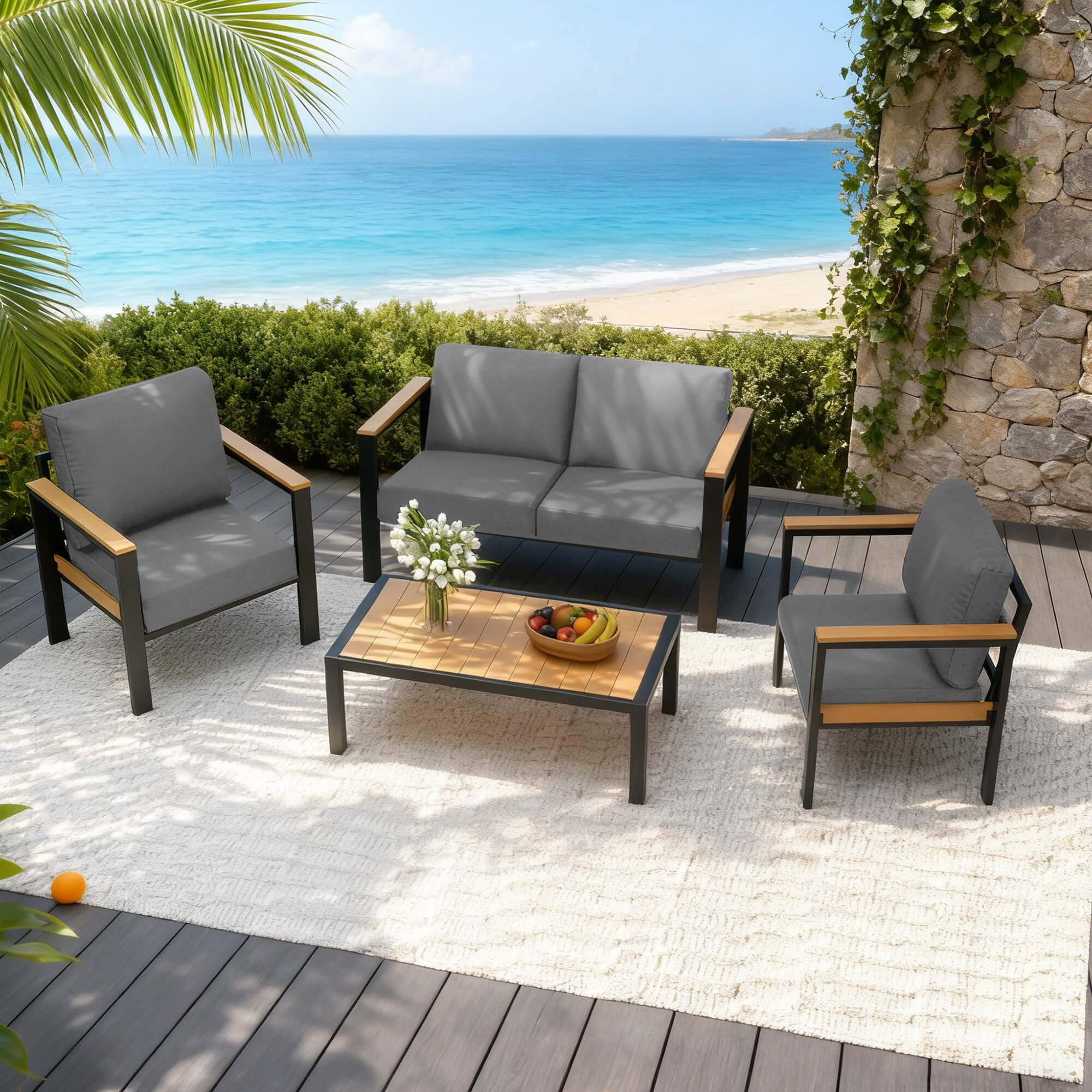 HOMREST 4 Piece Patio Furniture Set, Metal Patio Conversation Set with Coffee Table, All-Weather Outdoor Furniture, Gray