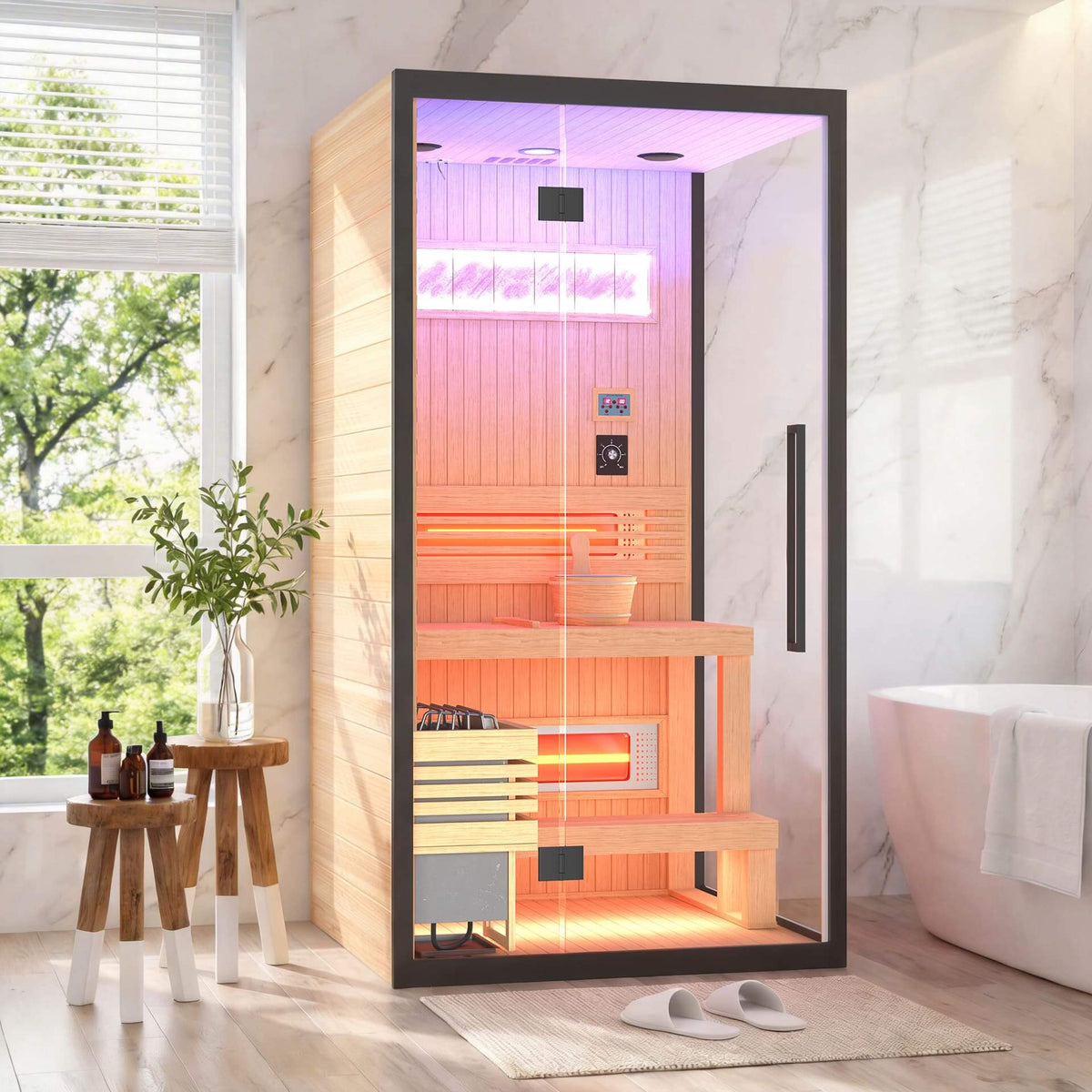 HOMREST 1-2 Person Indoor Hemlock Sauna with Chromotherapy & Bluetooth