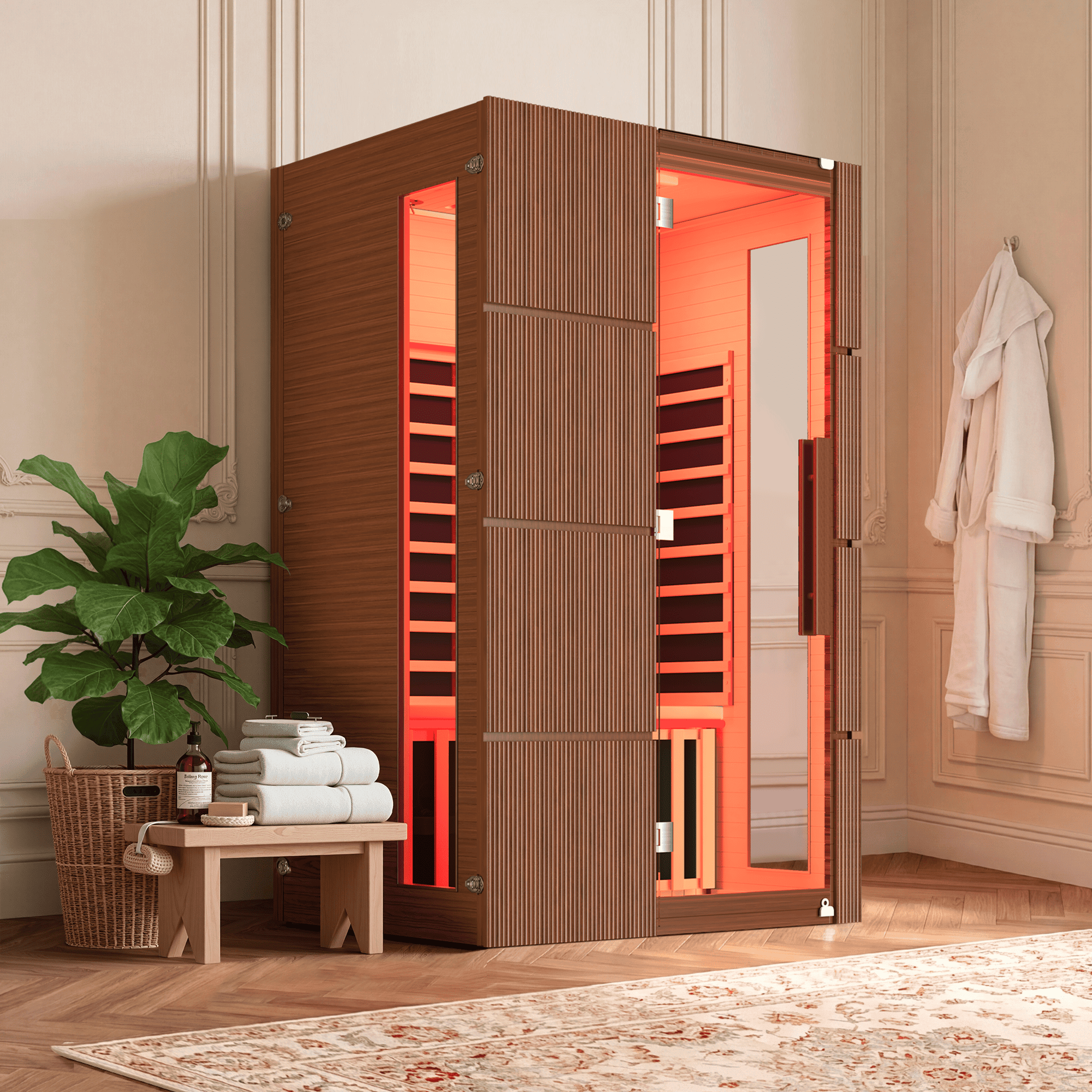 HOMREST 2-Person Indoor Infrared Sauna for Home, Far Infrared Sauna with Red Light Therapy, Chromotherapy Lighting, 6 Carbon Heaters & Bluetooth Speaker, Walnut
