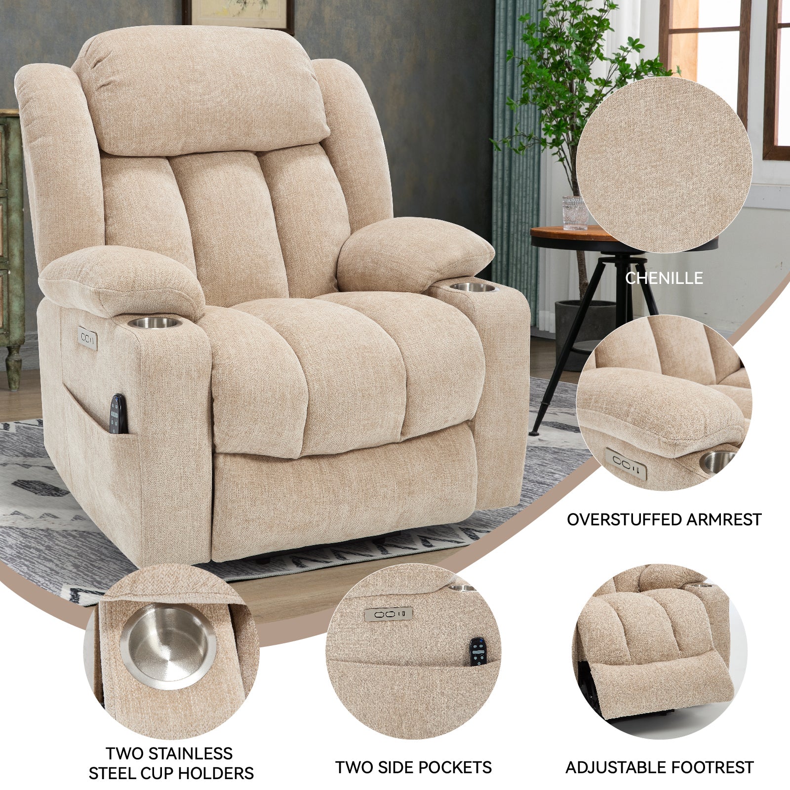 Homrest Premium Electric Recliner Chair with 8-Point Massage & Heating, Plush Chenille Fabric, Brown