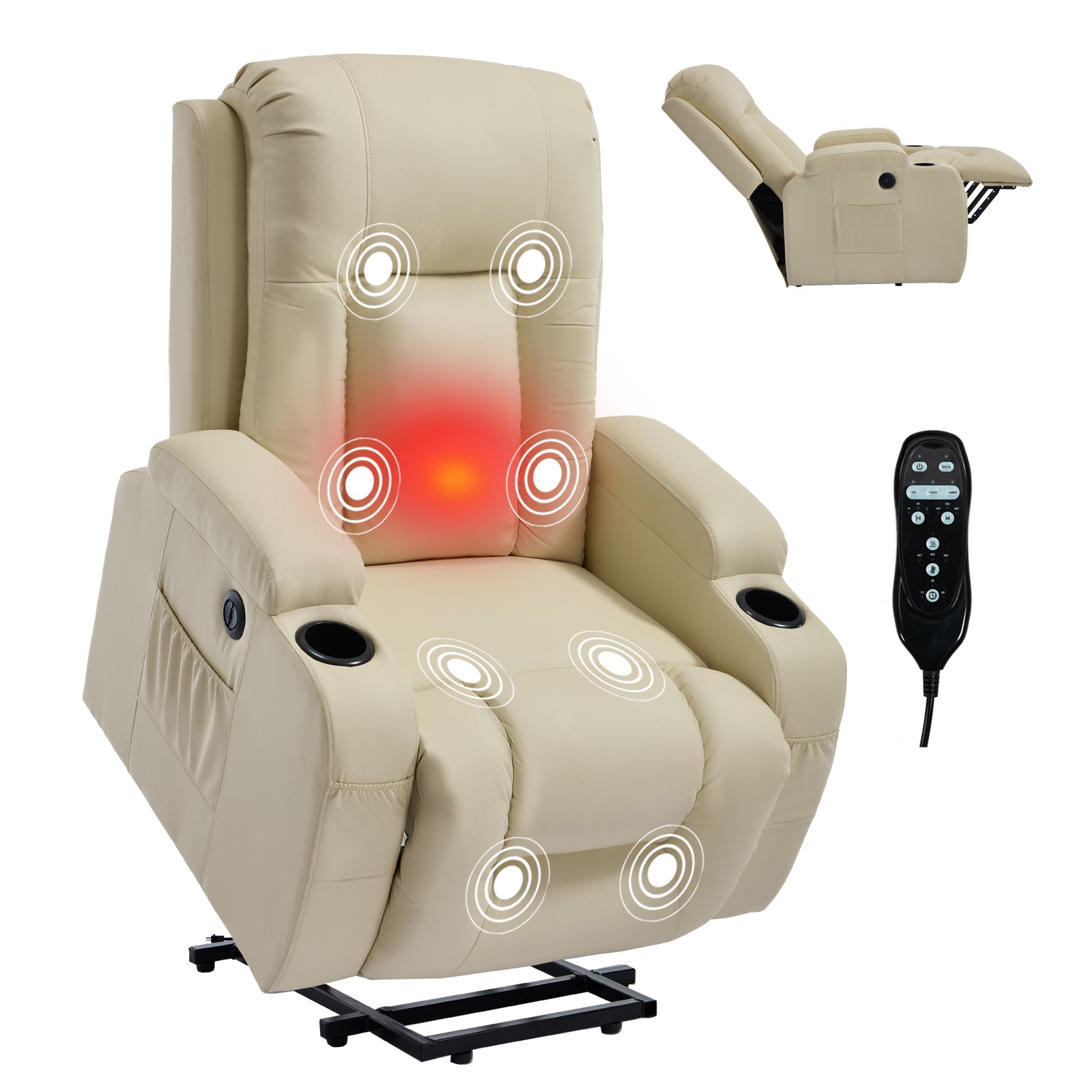 HOMREST PU Infinite Position Power Lift Recliner Chair for Elderly, 8-Point Massage & Heating, Beige