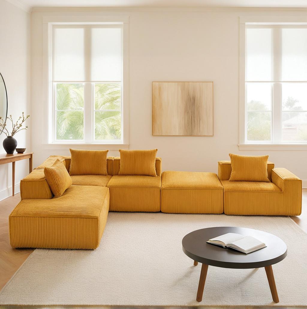 HOMREST 5-Seat Modular Sofa, Corduroy Lounge Couch with Free Combination Design and Throw Pillows, Orange