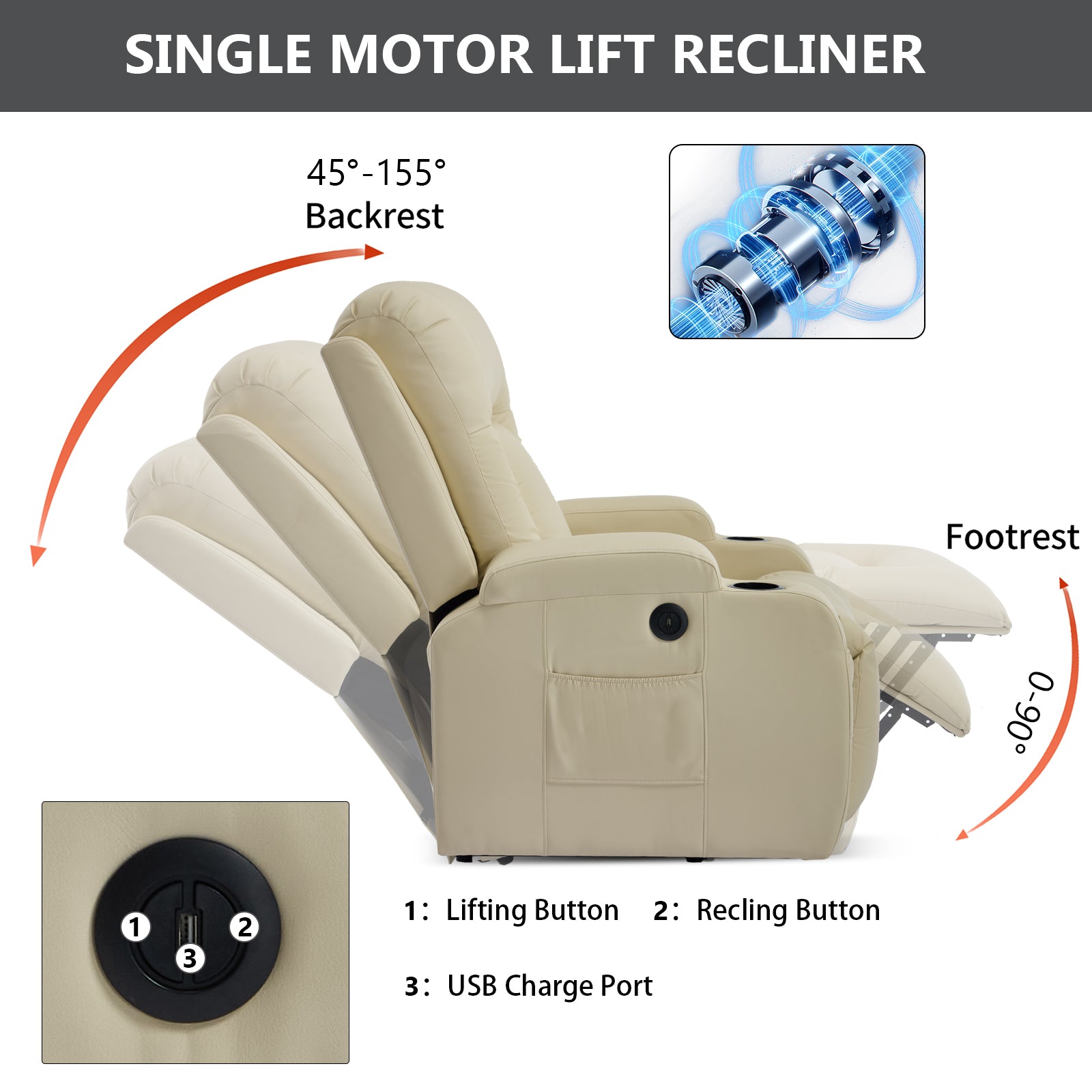 HOMREST PU Infinite Position Power Lift Recliner Chair for Elderly, 8-Point Massage & Heating, Beige