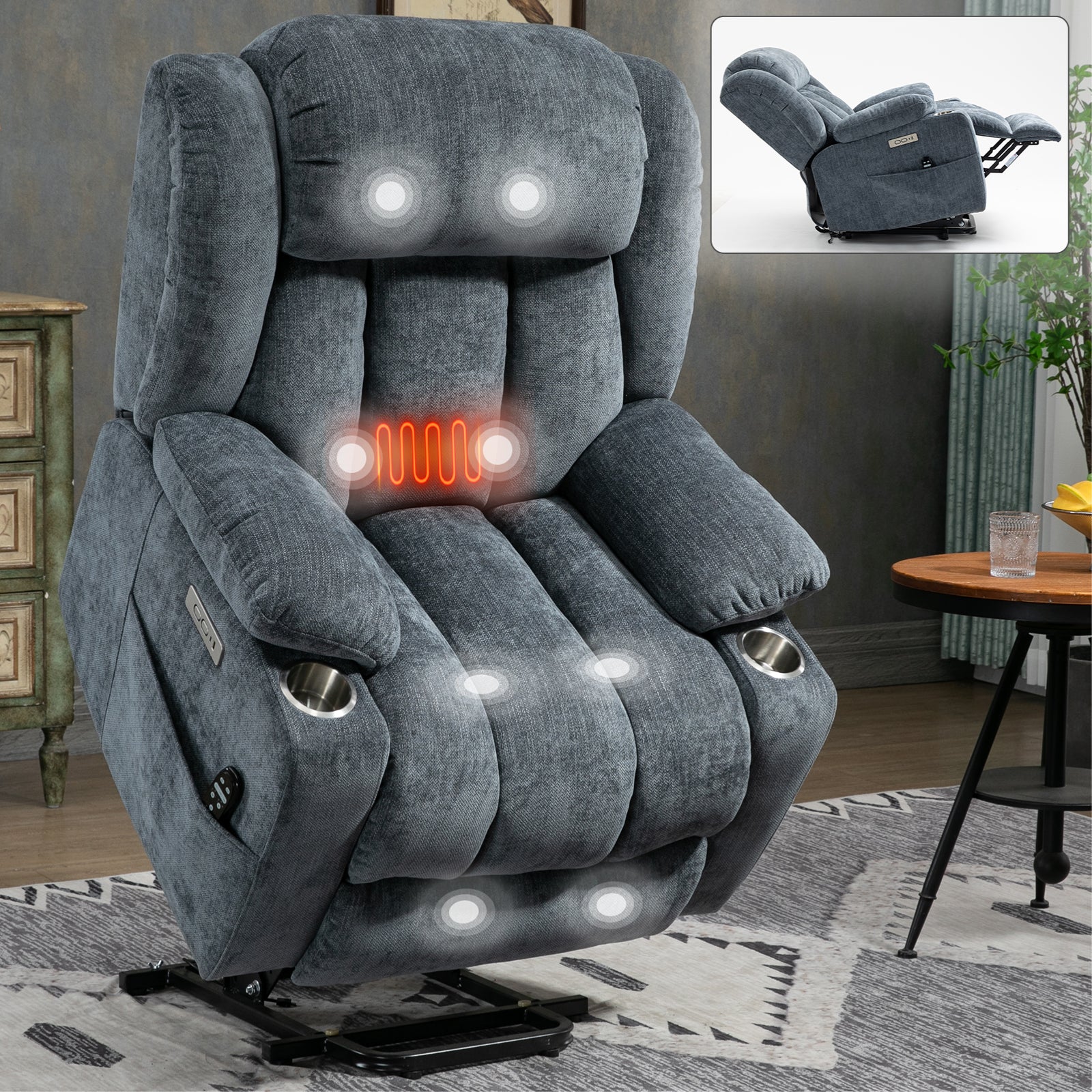 Homrest Premium Electric Recliner Chair with 8-Point Massage & Heating, Plush Chenille Fabric, Gray Blue