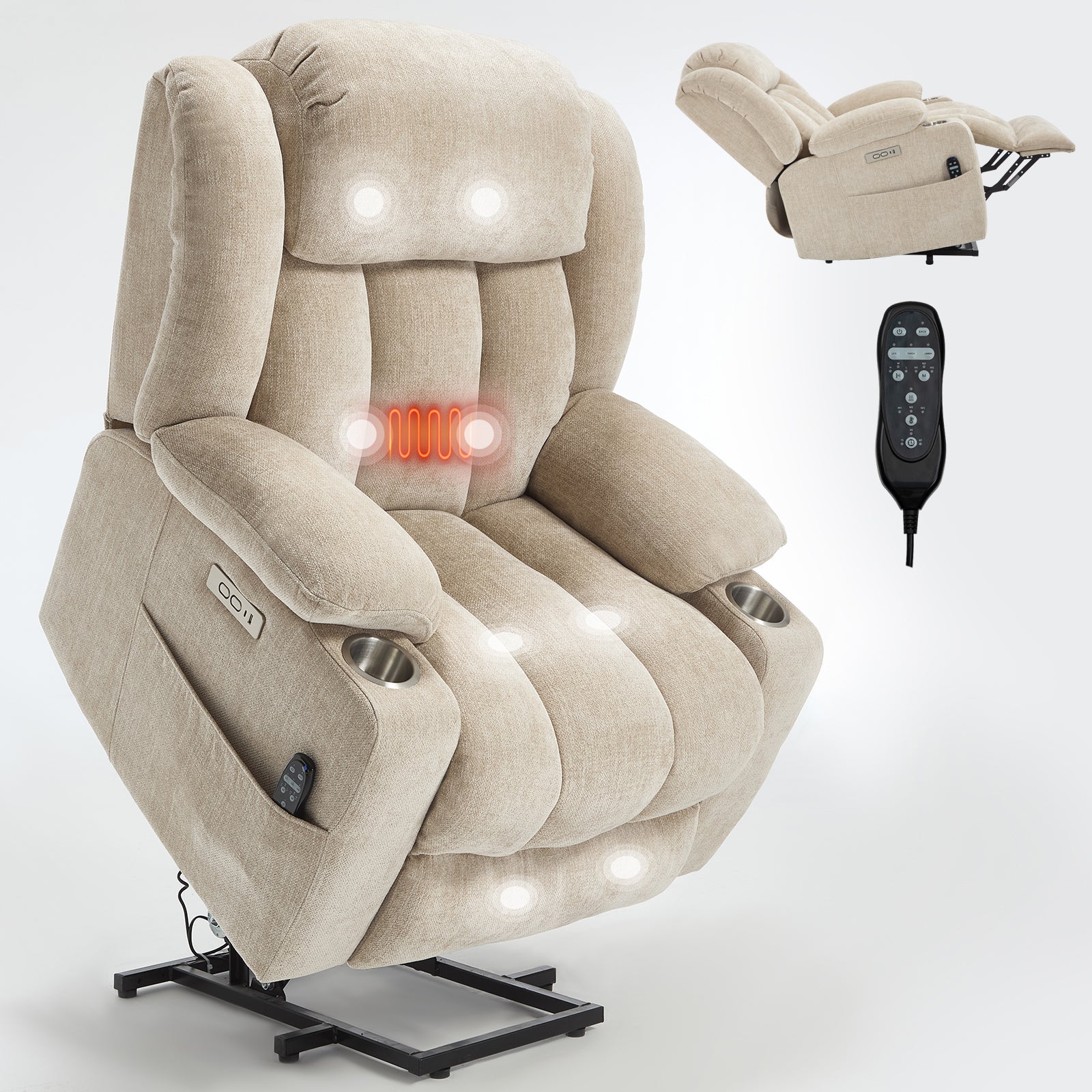 Homrest Premium Electric Recliner Chair with 8-Point Massage & Heating, Plush Chenille Fabric, Brown