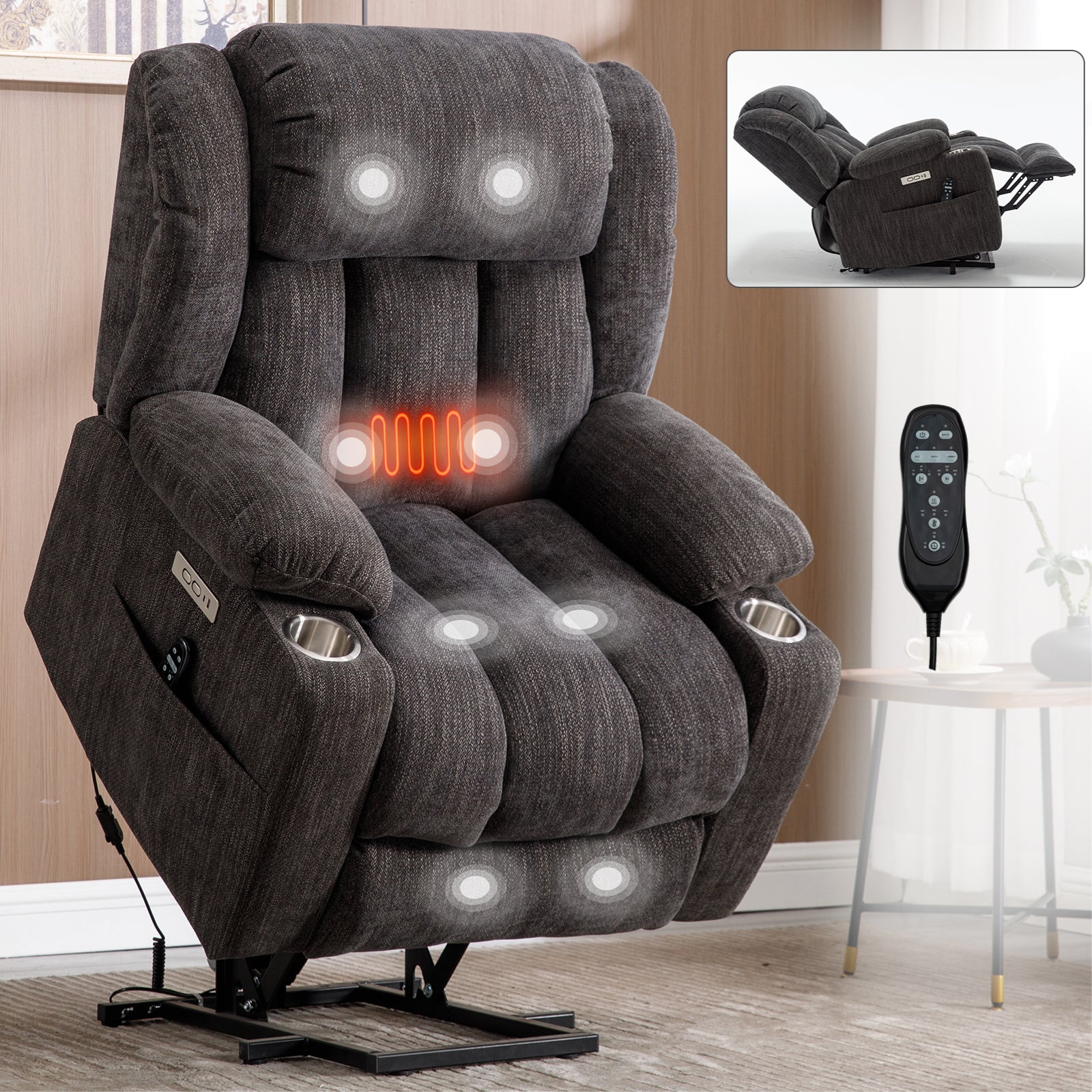 Homrest Premium Electric Recliner Chair with 8-Point Massage & Heating, Plush Chenille Fabric, Dark Gray