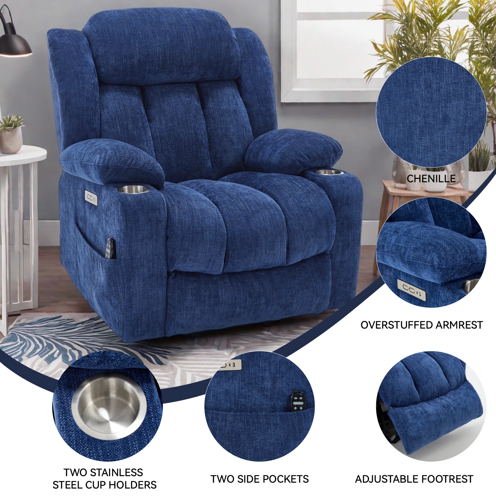 Homrest Premium Electric Recliner Chair with 8-Point Massage & Heating, Plush Chenille Fabric, Blue