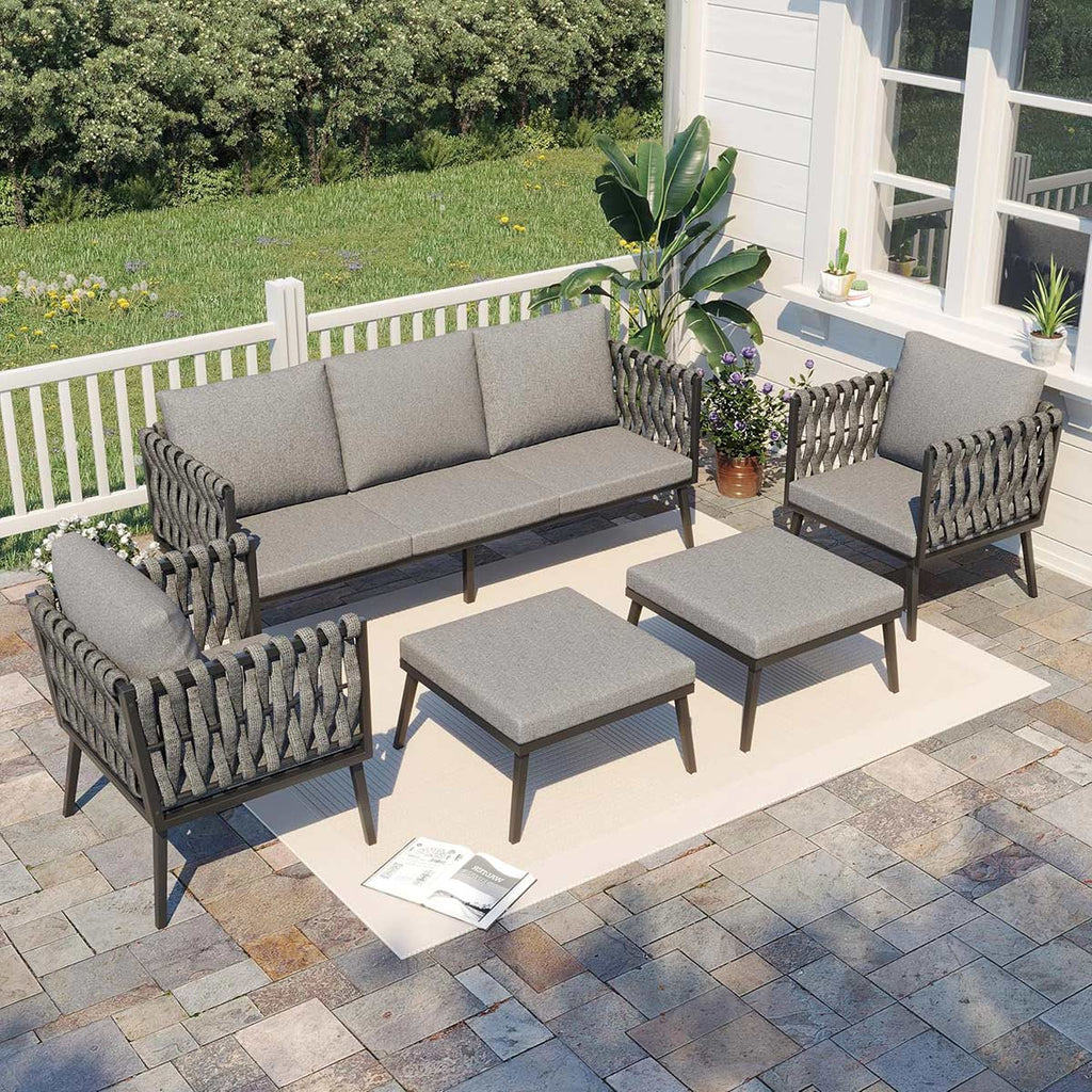 Homrest 5 pieces woven rope patio furniture set with sofa and chairs, dark gray