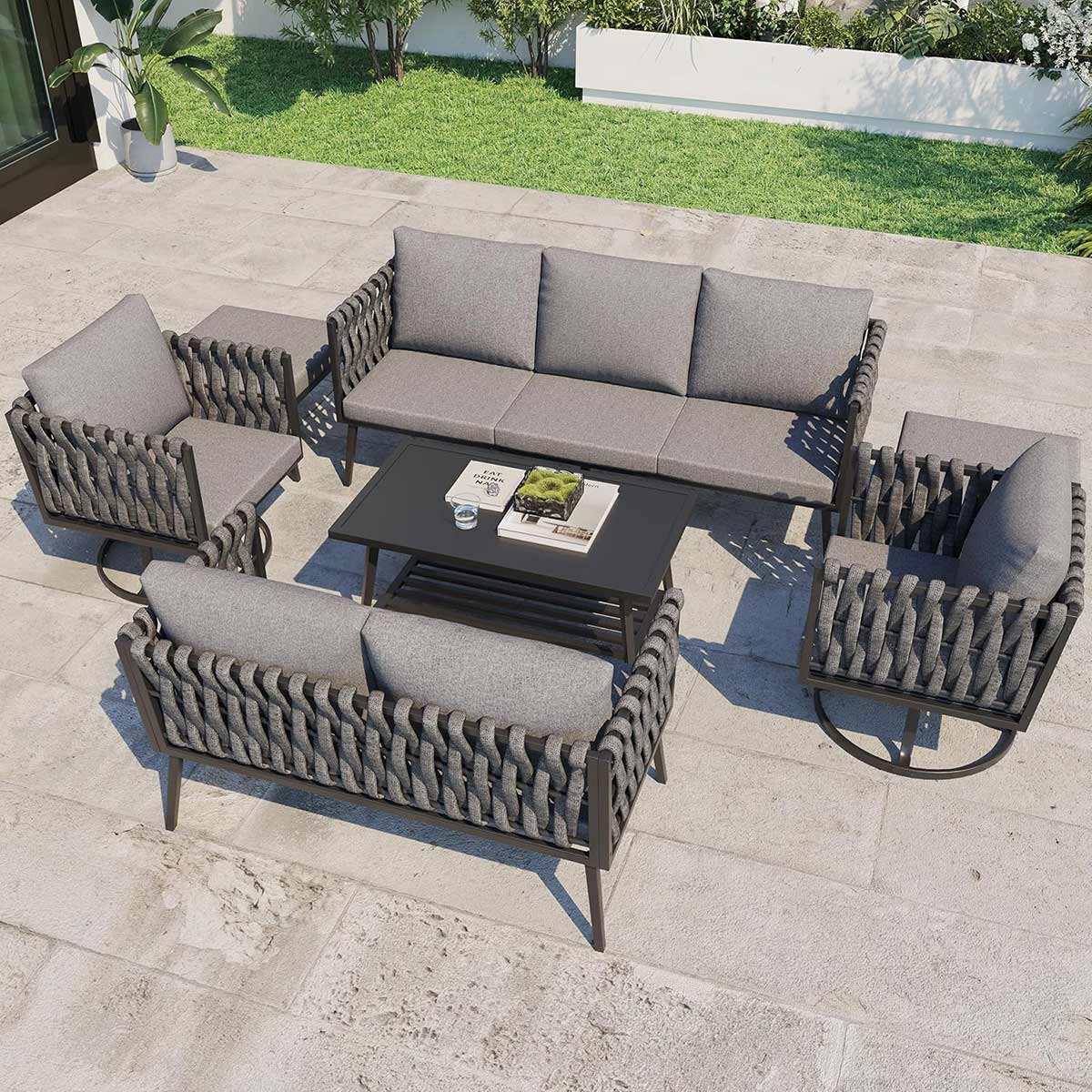 Woven rope patio conversation set with coffee table for porch, backyard and garden