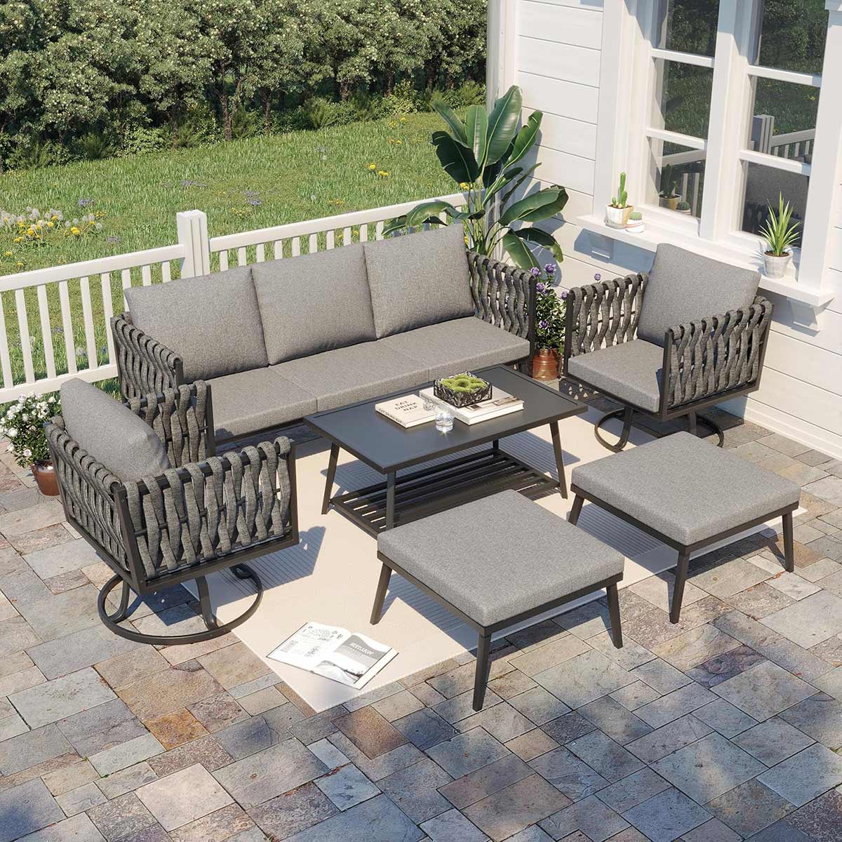 Homrest 6 pieces outdoor conversation set with seivel chair for porch, garden and poolside