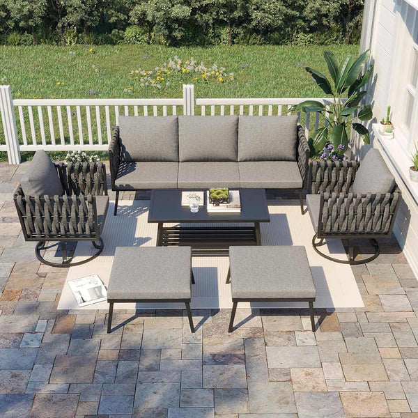 6 Pieces patio furniture set with outdoor swivel chair and coffee table, dark gray