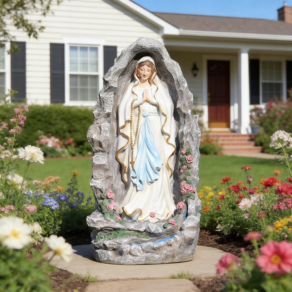 HOMREST Our Lady of Lourdes Statue 17.3 Inch Virgin Mary Grotto Figurine Catholic Praying Sculpture for Garden Home Patio Religious Decor