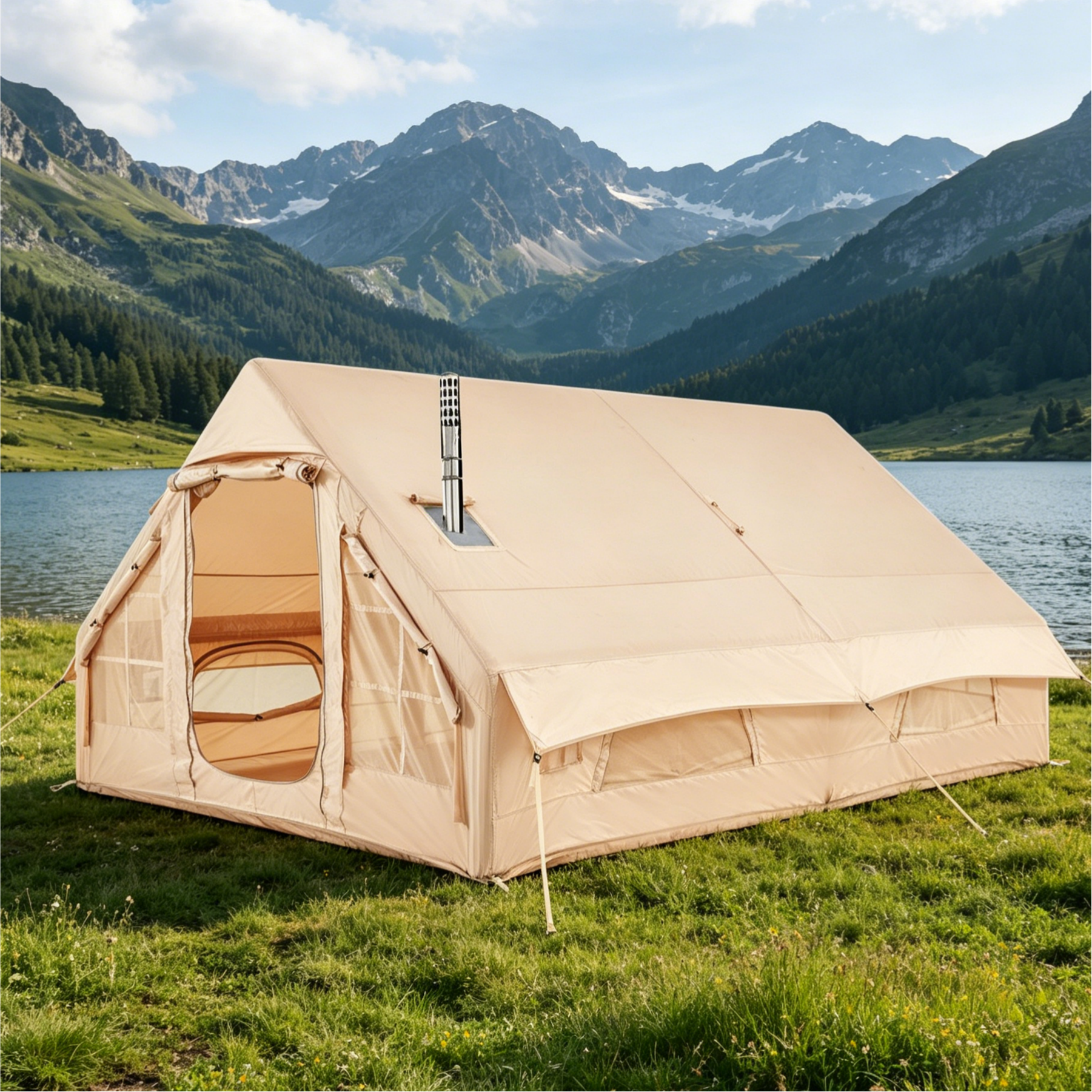 HOMREST Large Inflatable Tent for 8-10 Person, Waterproof Blow Up Camping Tent, Easy Setup 130 Square Glamping Cabin with Mesh Windows, A/C Port & Stove Jack