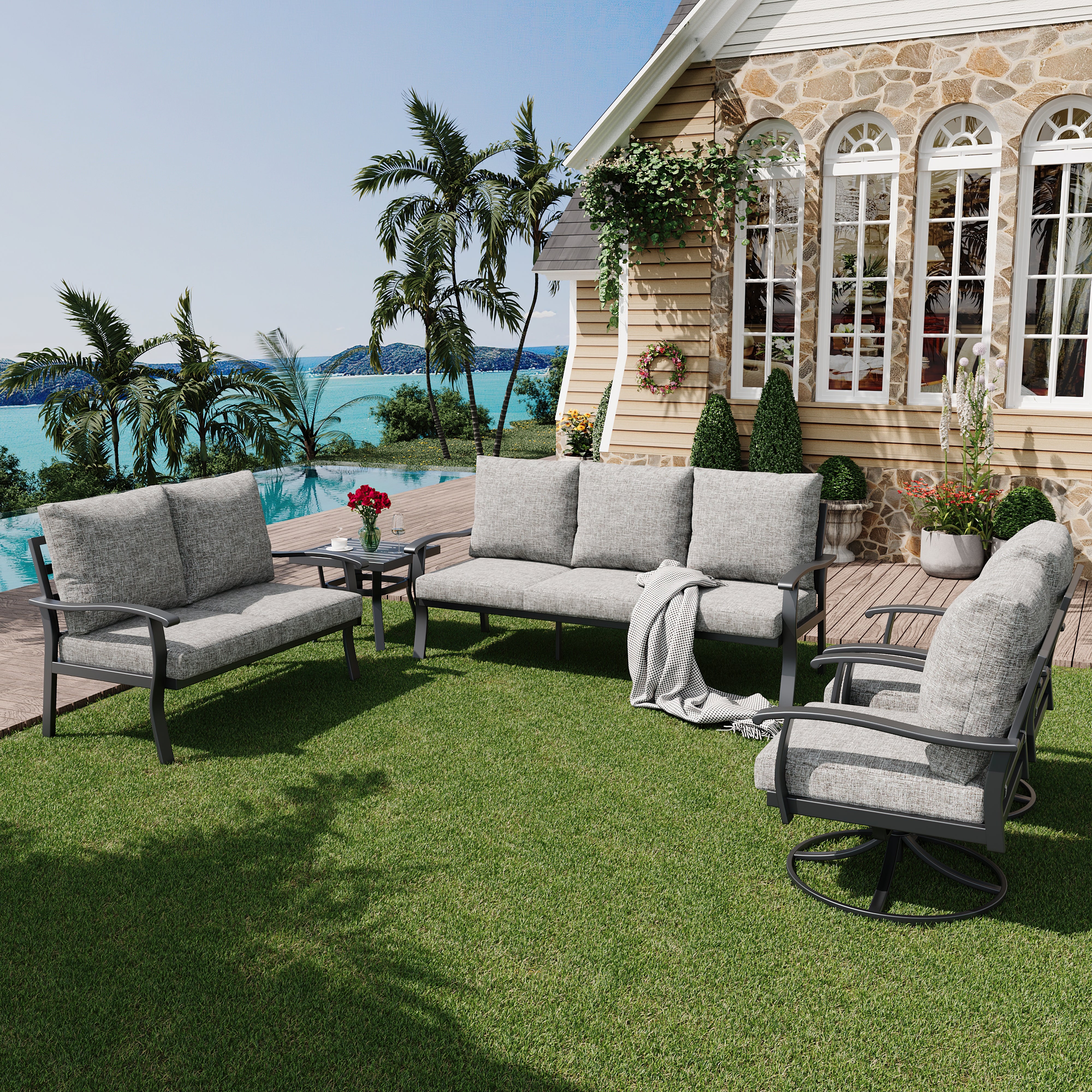 HOMREST Patio Furniture Sets 5 PCS Outdoor Metal Conversation Sets with 2-Seat Sofa, Gray