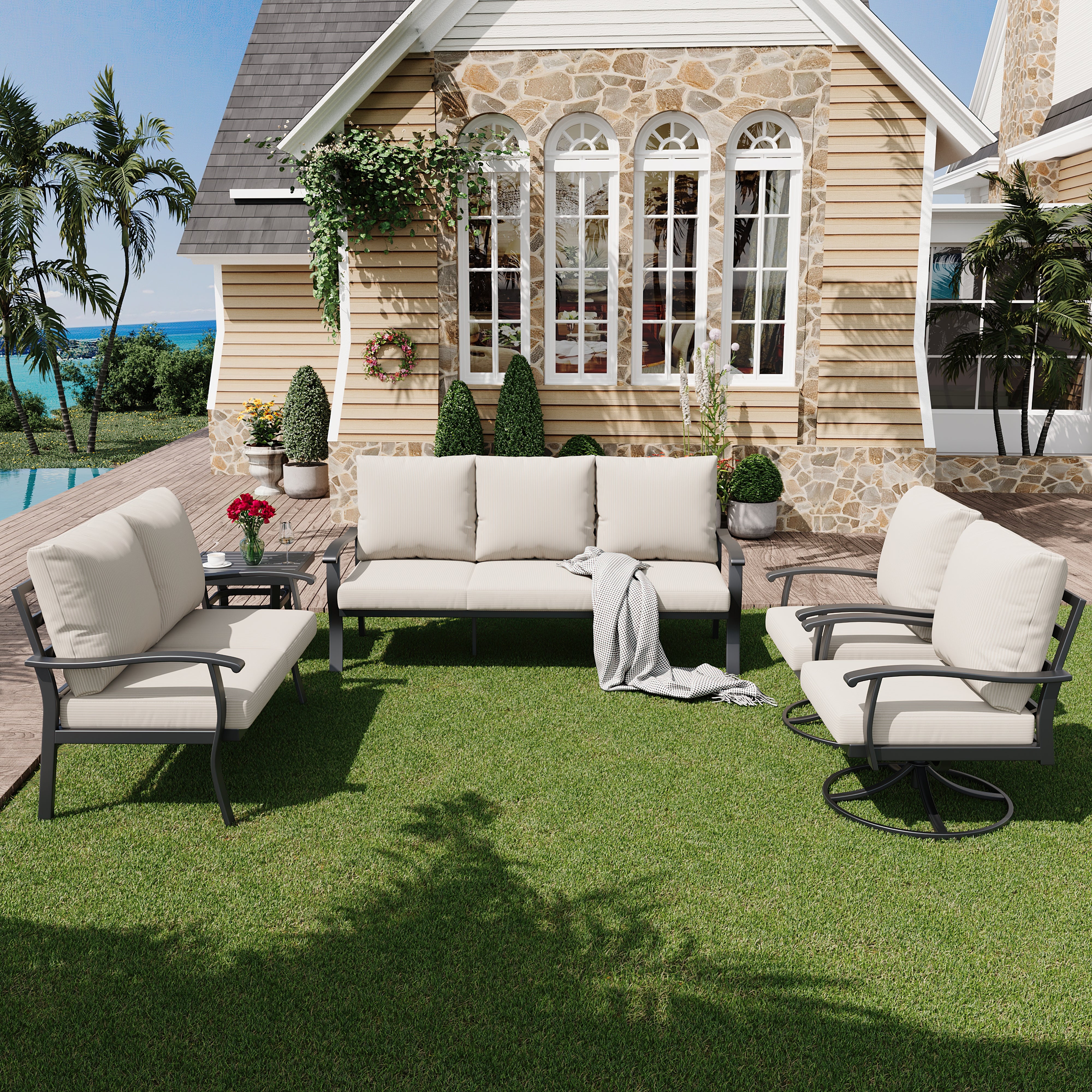HOMREST Patio Furniture Sets 5 PCS Outdoor Metal Conversation Sets with 2-Seat Sofa, Beige