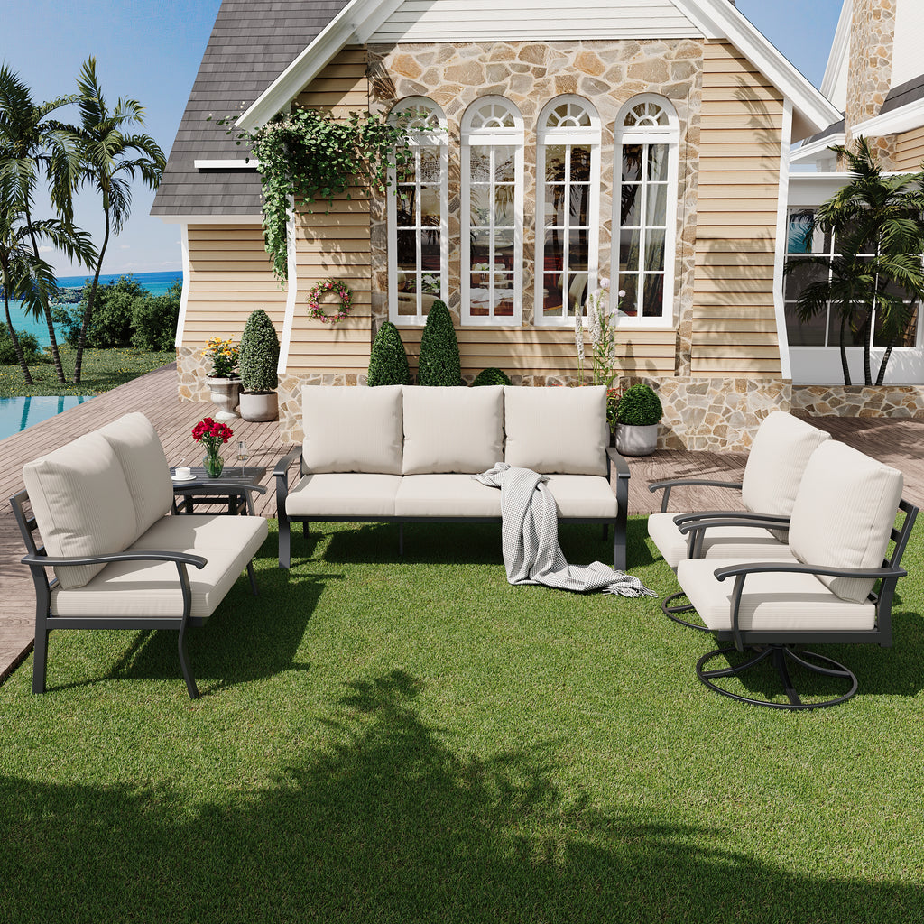 HOMREST 5 PCS Outdoor Patio Furniture Set with 2 Swivel Rocking Chairs and Metal Coffee Side Table, Patio Conversation Set with 2 Ottomans and 2 3-Seat Sofas, Loveseat for Big Garden, Deck, Poolside