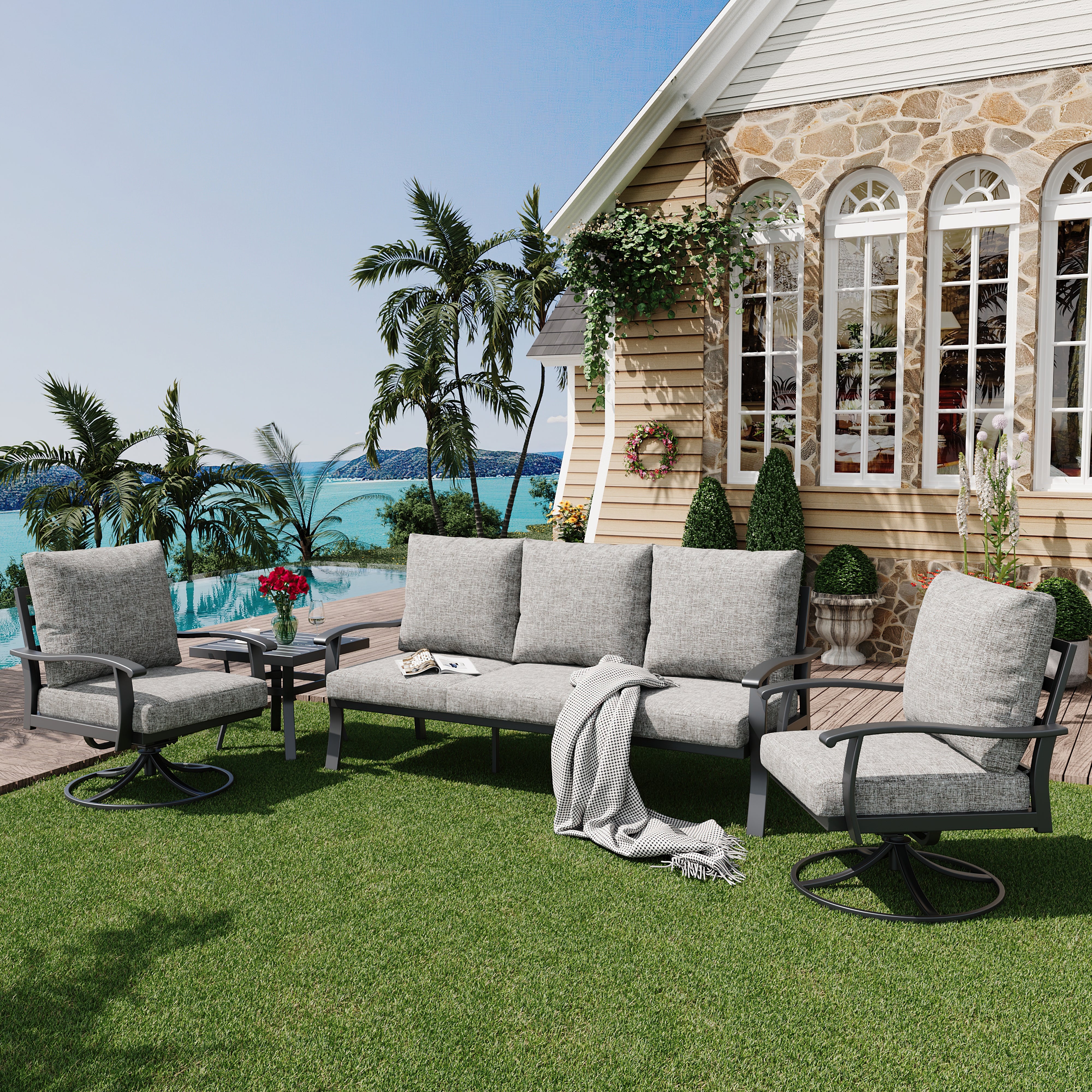 HOMREST Patio Furniture Sets 4 PCS Outdoor Metal Conversation Sets, Gray