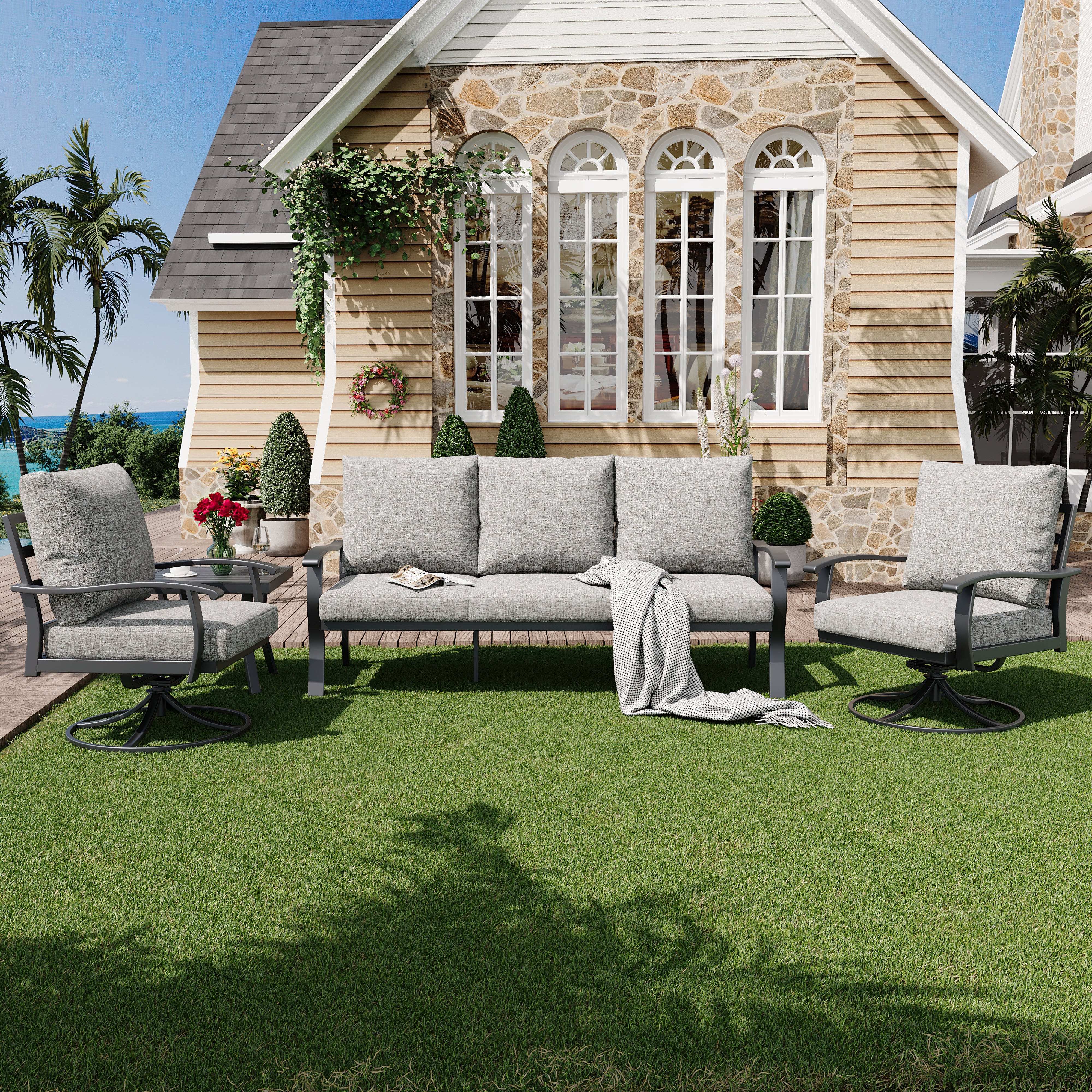HOMREST Patio Furniture Sets 4 PCS Outdoor Metal Conversation Sets, Gray