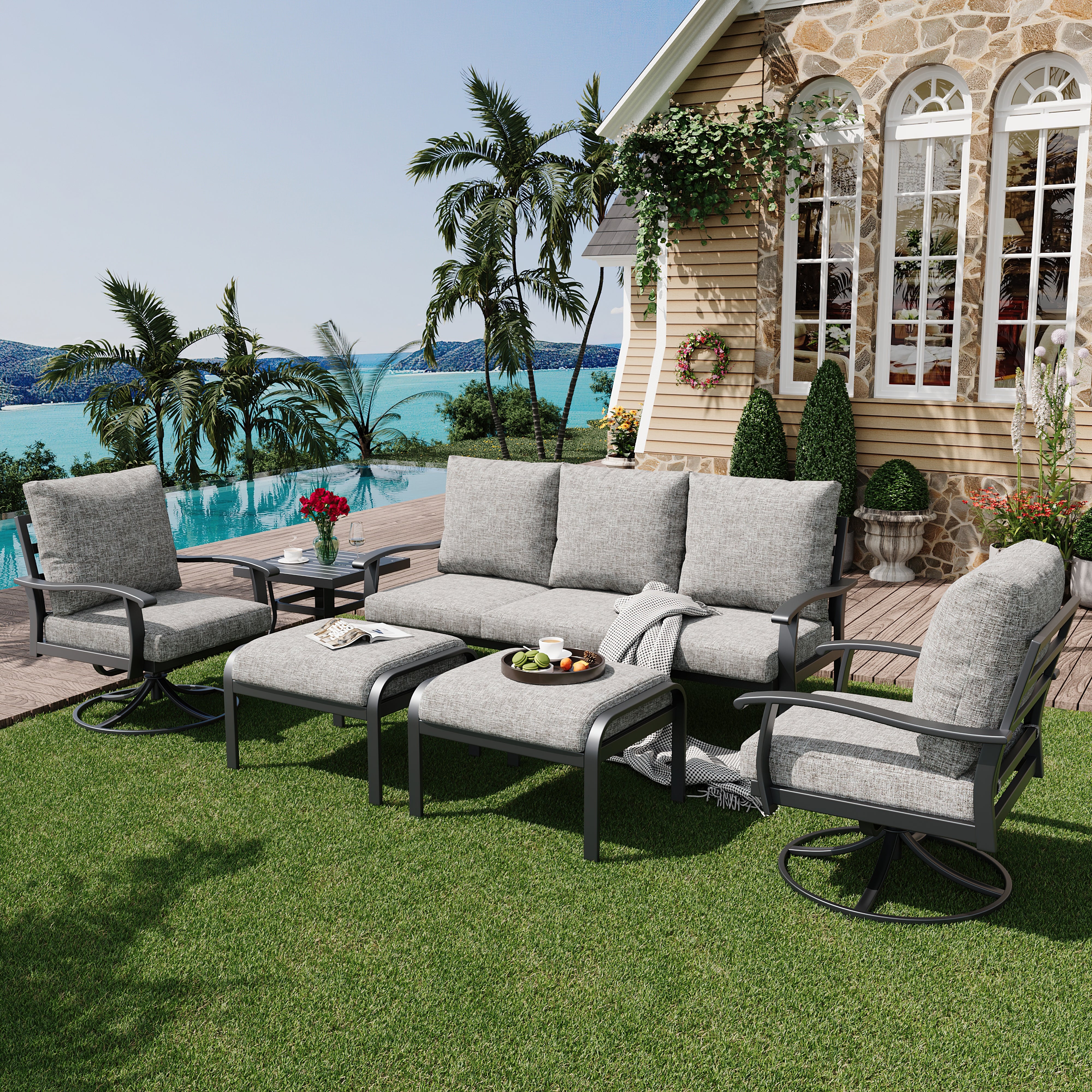 HOMREST Patio Furniture Sets 6 PCS Outdoor Metal Conversation Sets with Ottomans for Garden, Deck and Poolside, Gray