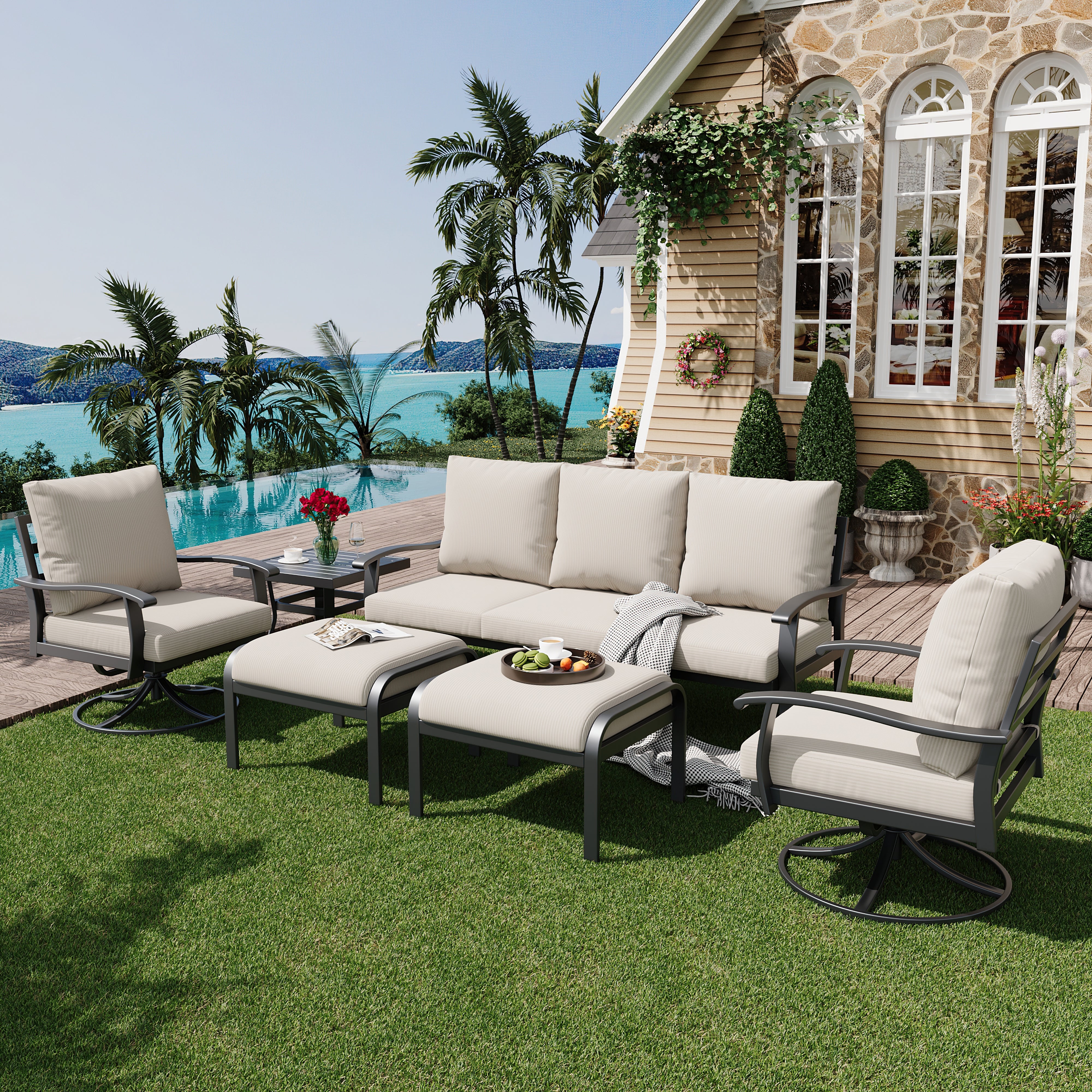 HOMREST Patio Furniture Sets 6 PCS Outdoor Metal Conversation Sets with Ottomans for Garden, Deck and Poolside, Beige