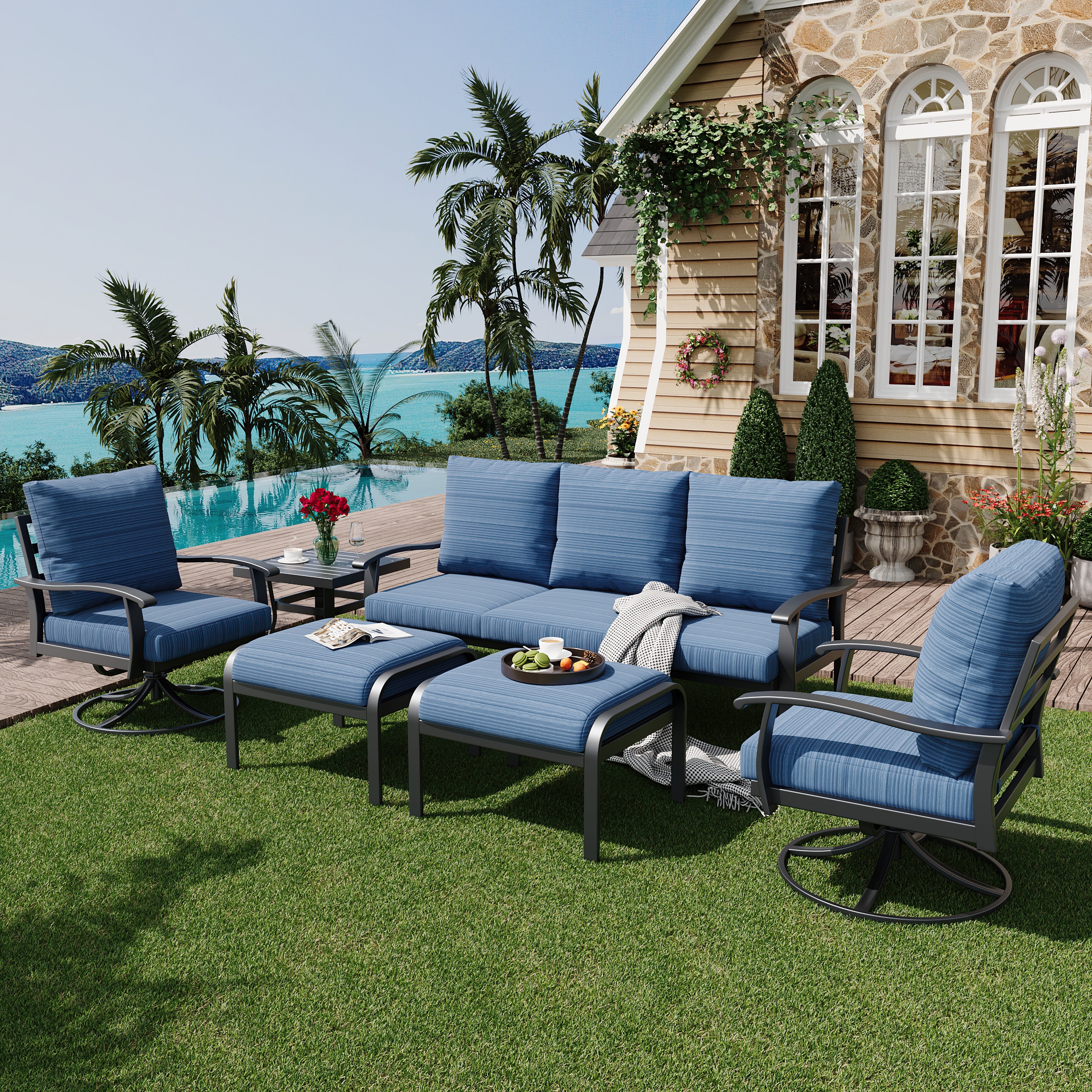HOMREST Patio Furniture Sets 6 PCS Outdoor Metal Conversation Sets with Ottomans for Garden, Deck and Poolside, Blue