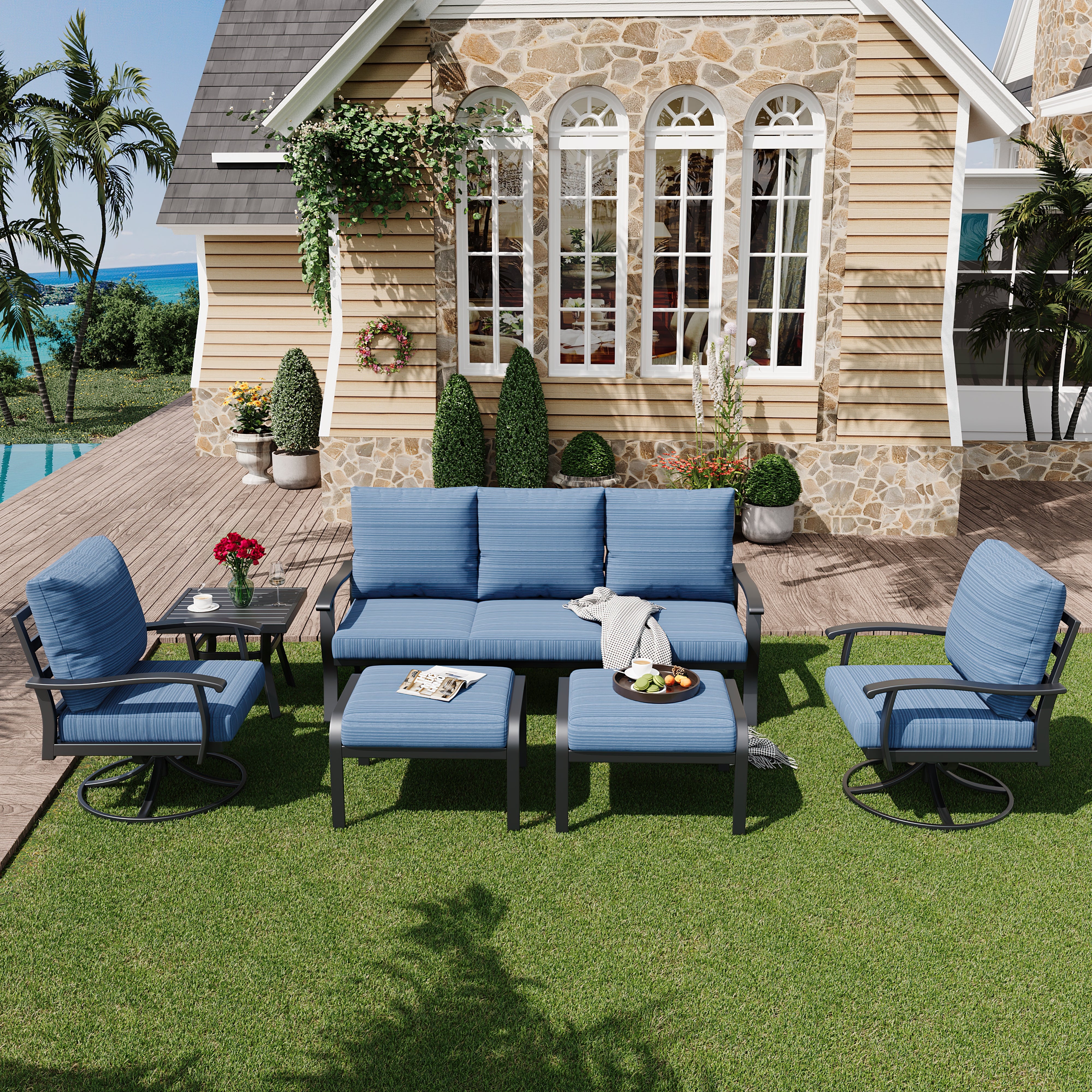 HOMREST Patio Furniture Sets 6 PCS Outdoor Metal Conversation Sets with Ottomans for Garden, Deck and Poolside, Blue