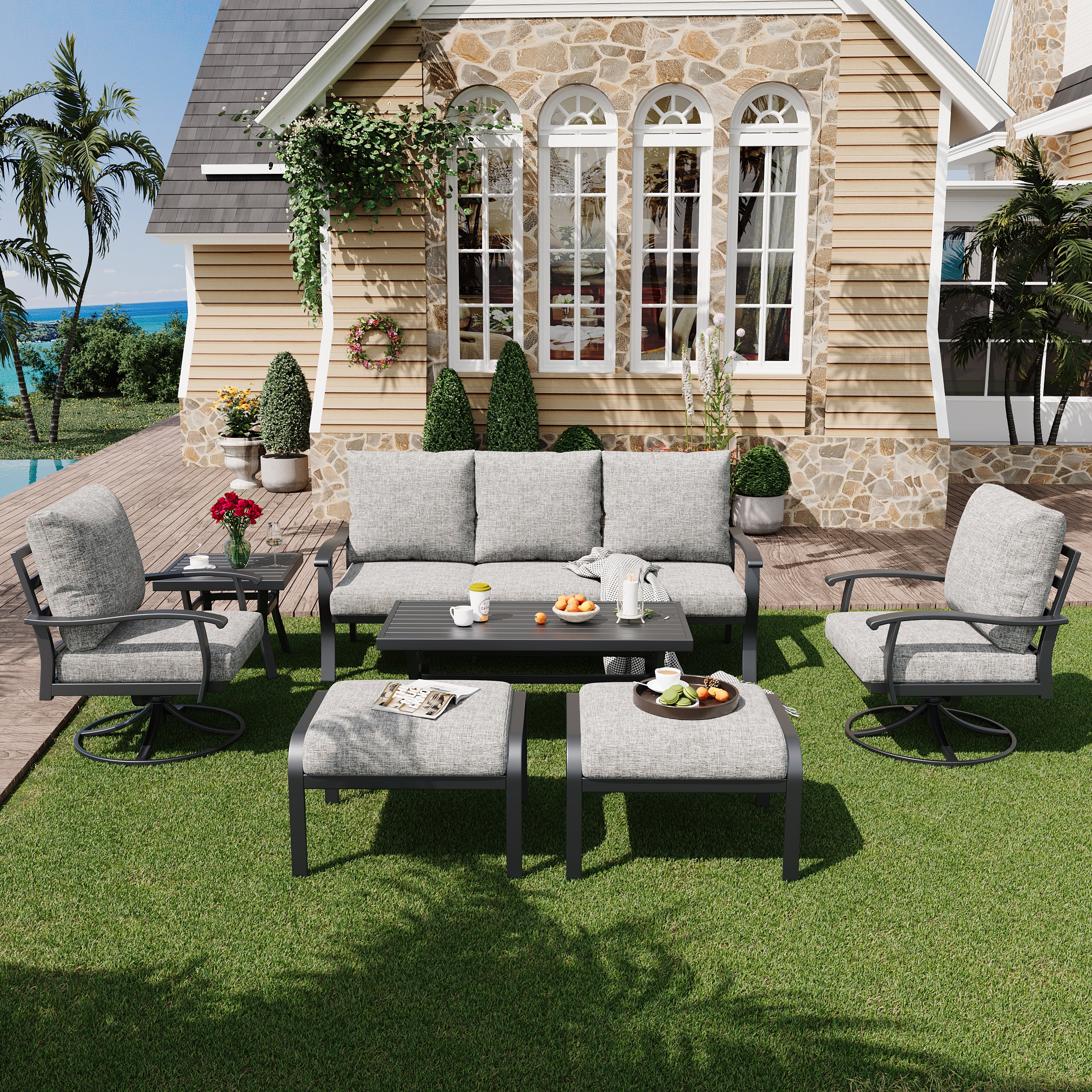 HOMREST Patio Furniture Sets 7 PCS Outdoor Metal Conversation Sets with Coffee Side Table, Gray
