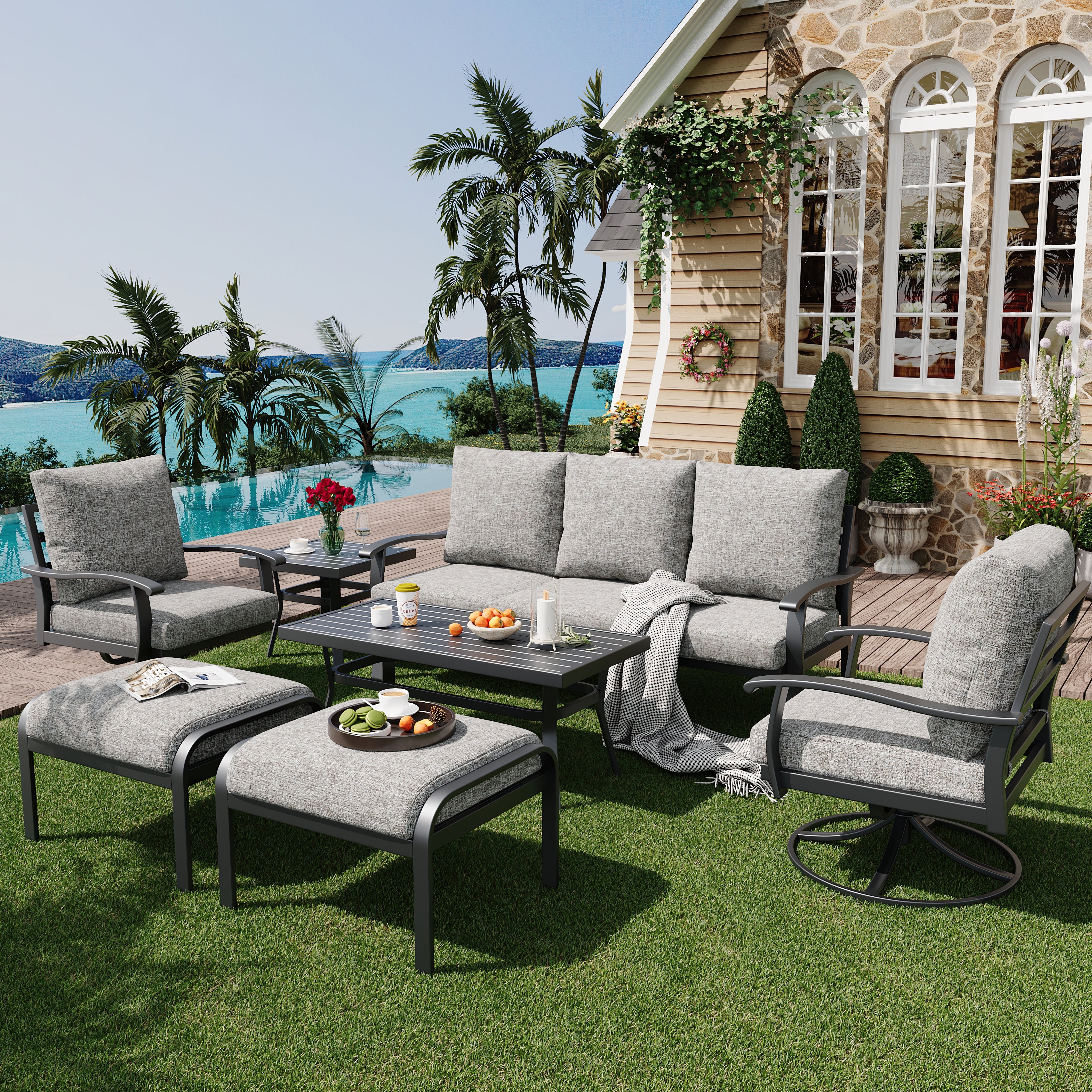 HOMREST Patio Furniture Sets 7 PCS Outdoor Metal Conversation Sets with Coffee Side Table, Gray