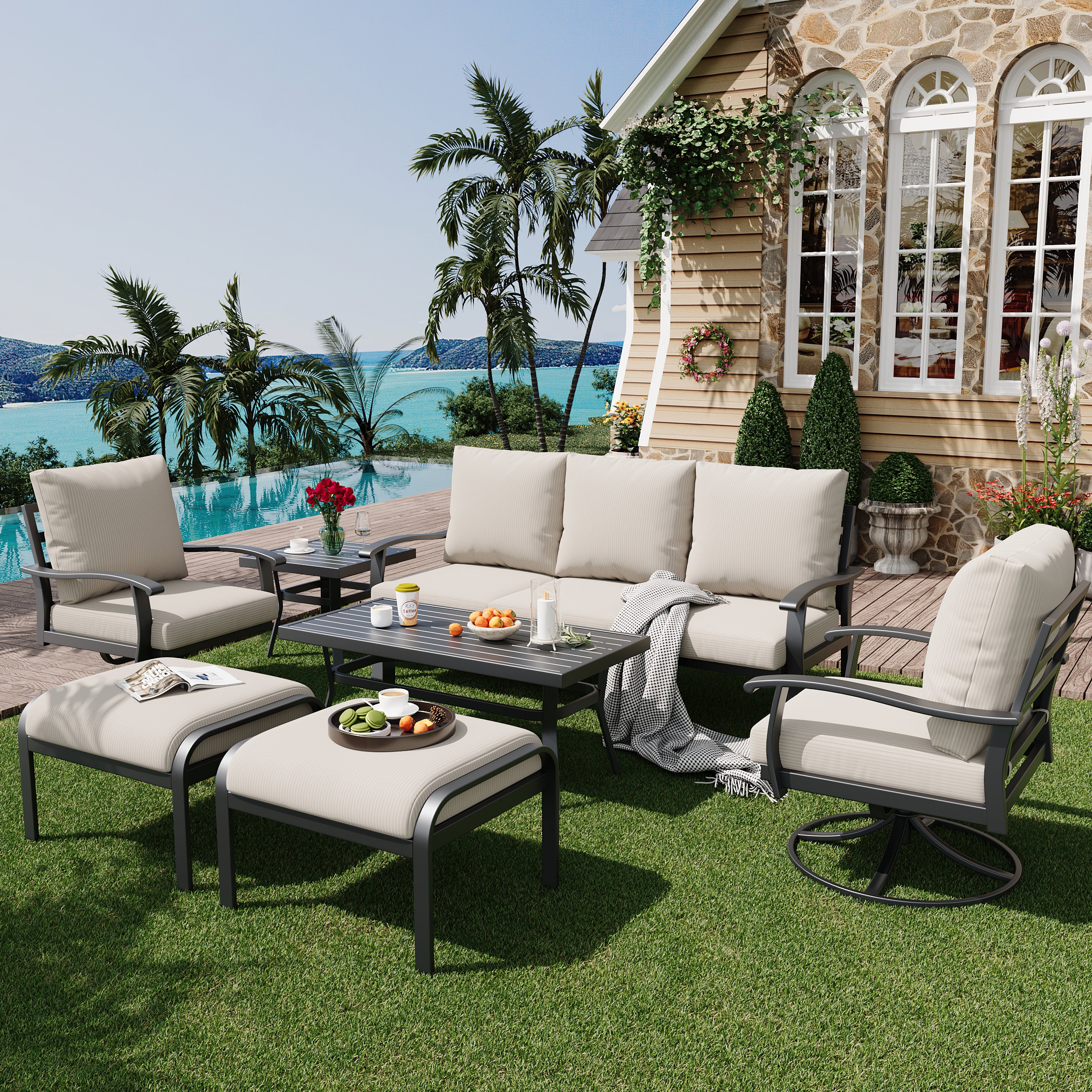 HOMREST Patio Furniture Sets 7 PCS Outdoor Metal Conversation Sets with Coffee Side Table for Garden, Deck, Poolside, Beige