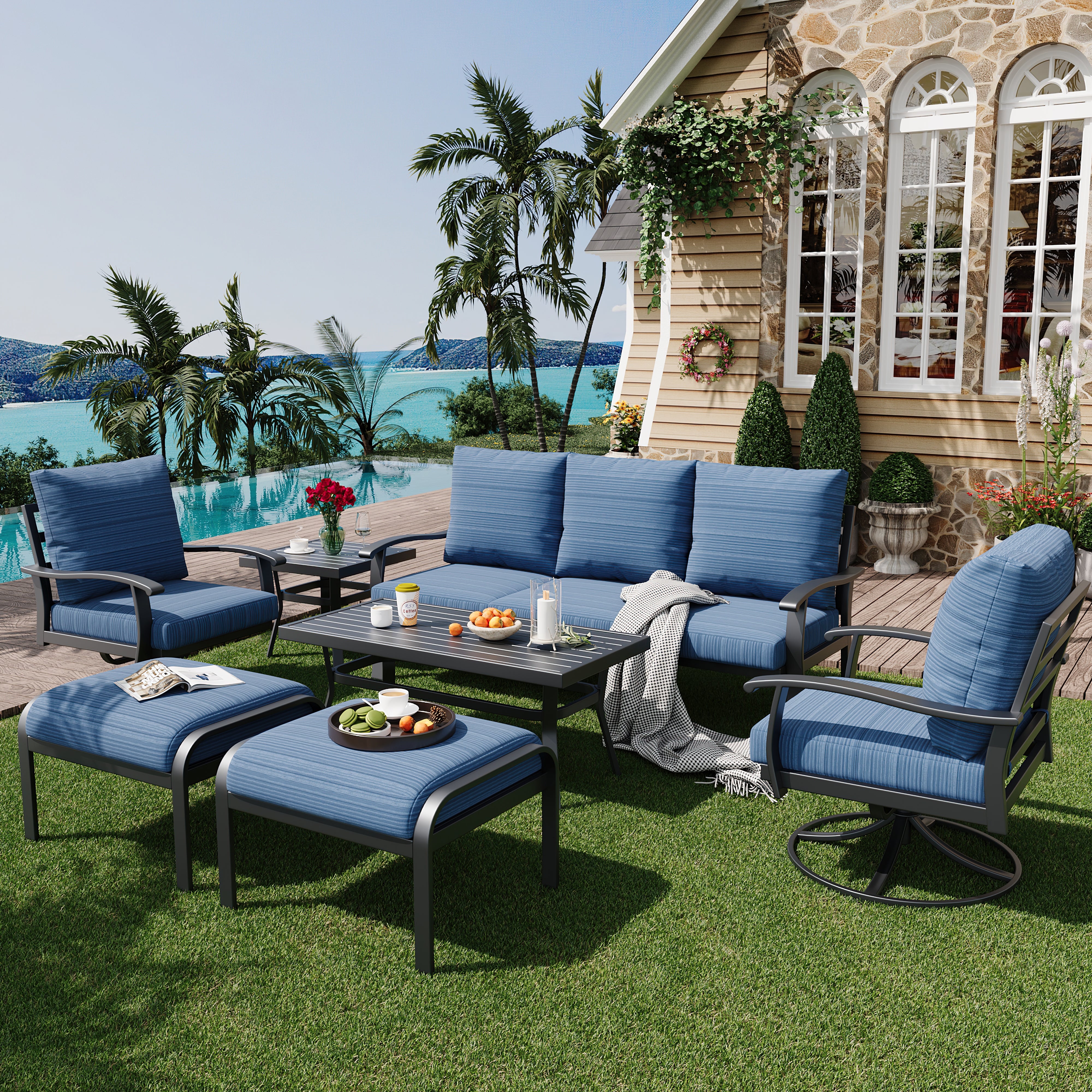 HOMREST Patio Furniture Sets 7 PCS Outdoor Metal Conversation Sets with Coffee Side Table for Garden, Deck, Poolside, Blue