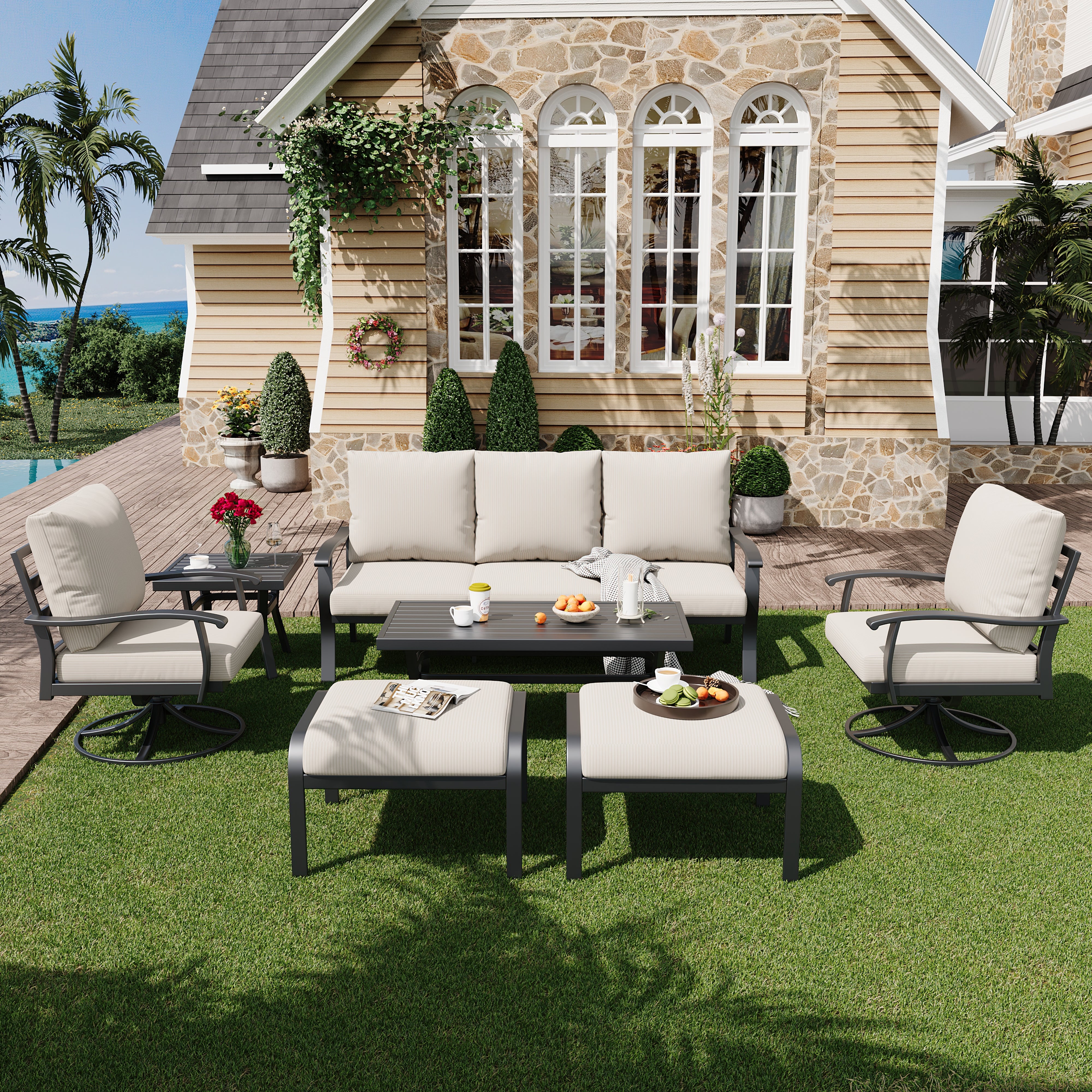 HOMREST Patio Furniture Sets 7 PCS Outdoor Metal Conversation Sets with Coffee Side Table for Garden, Deck, Poolside, Beige