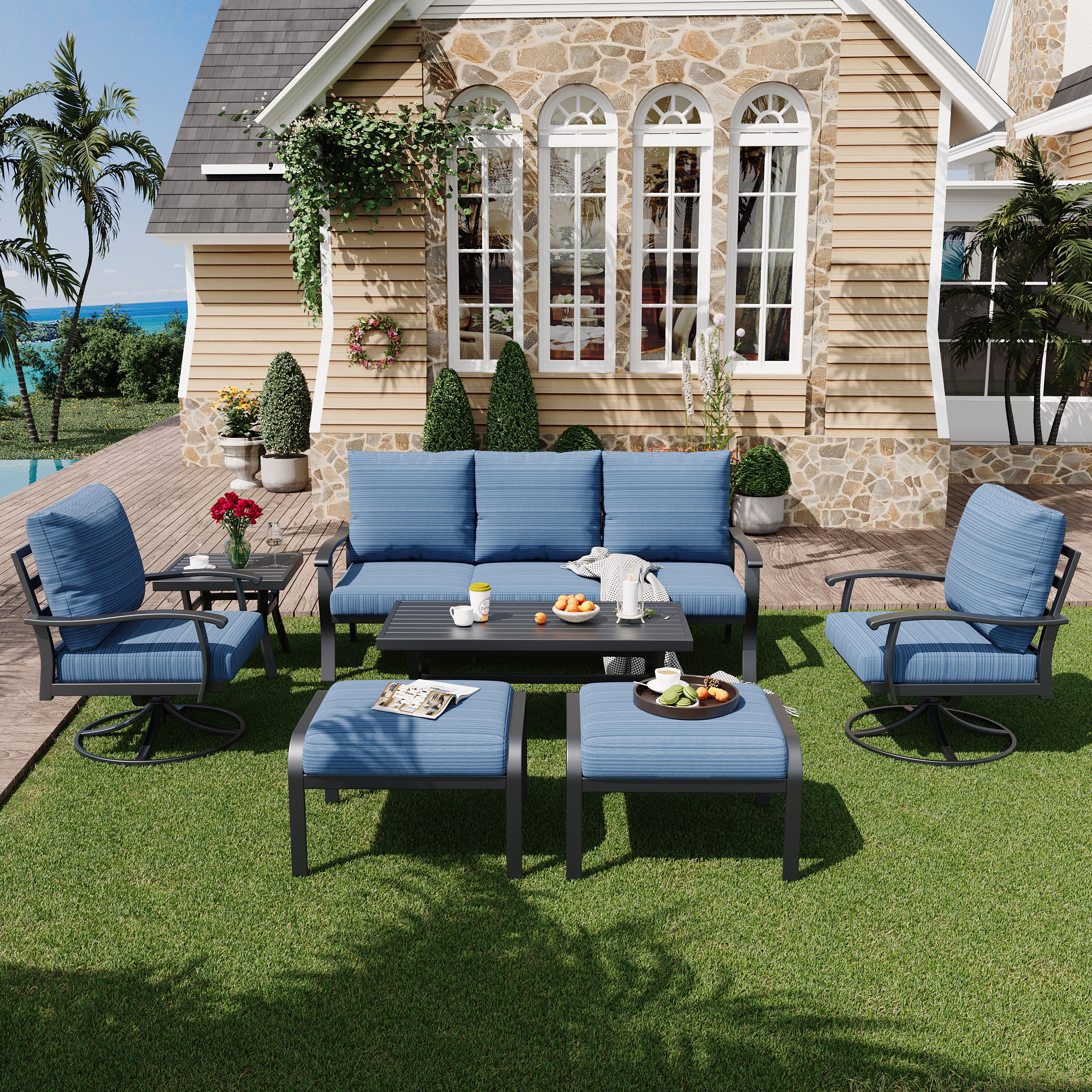 HOMREST Patio Furniture Sets 7 PCS Outdoor Metal Conversation Sets with Coffee Side Table for Garden, Deck, Poolside, Blue