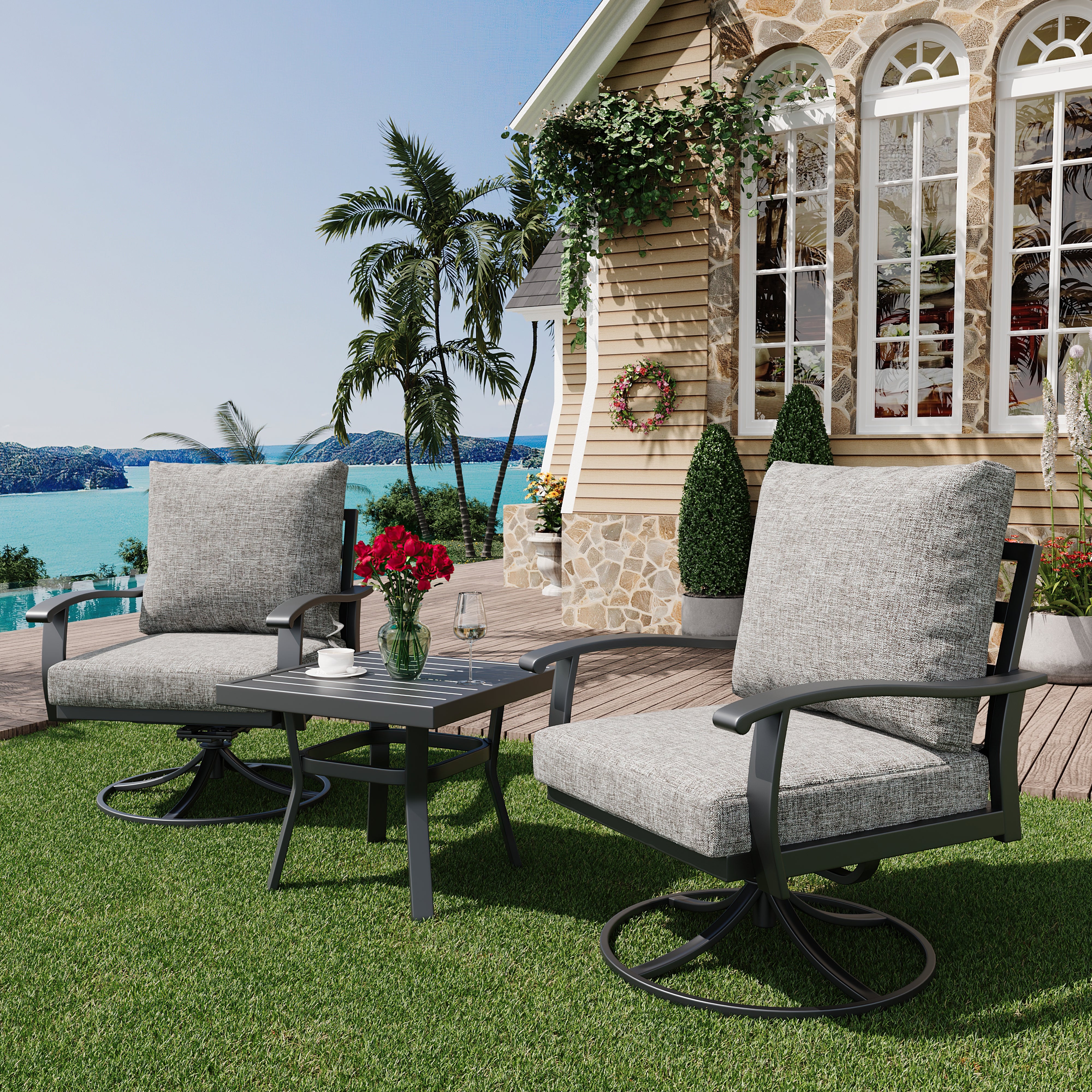 HOMREST Outdoor Swivel Rocker Patio Chairs with Coffee Table, 3 PCS Bistro Set, Gray