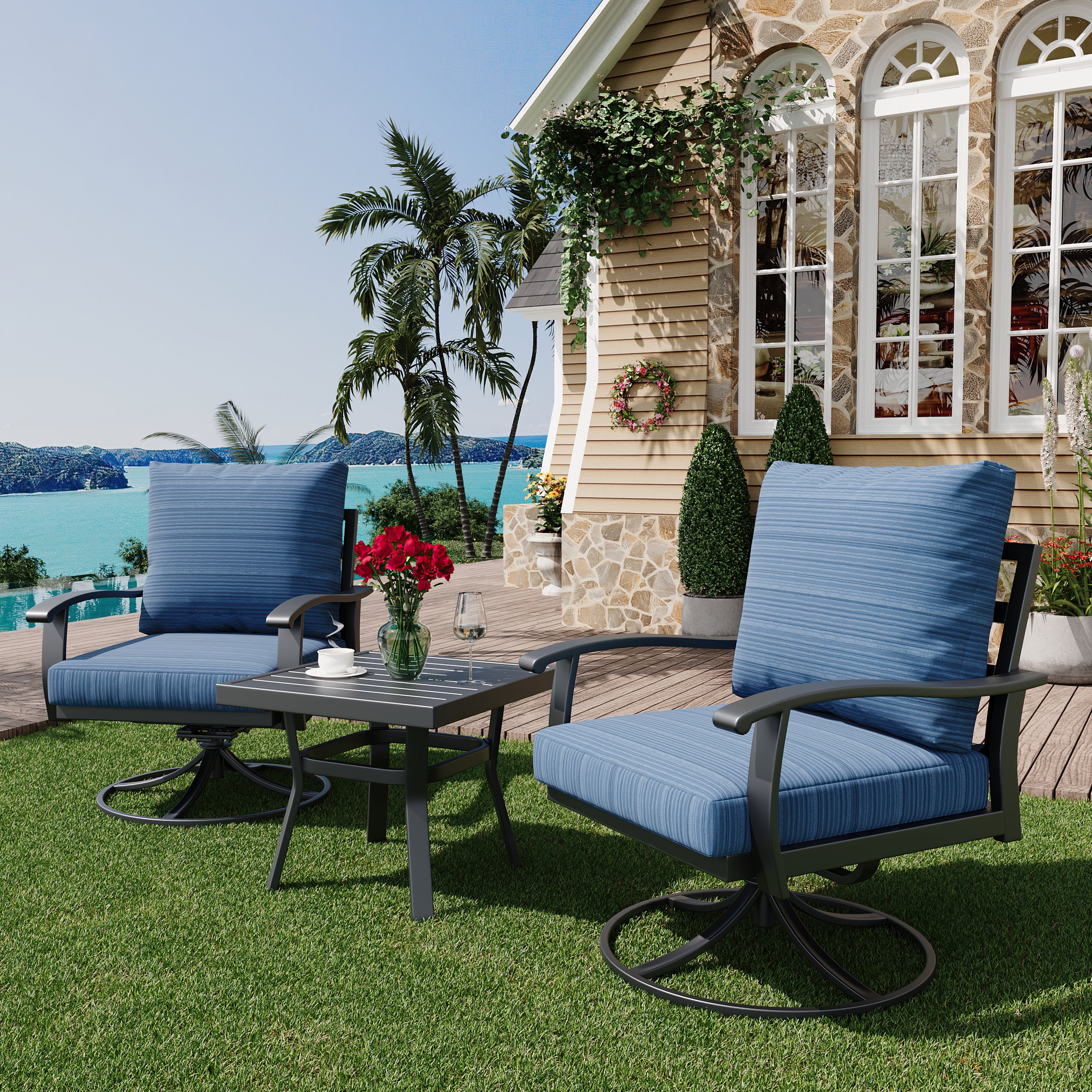 HOMREST Outdoor Swivel Rocker Patio Chairs with Coffee Table, 3 PCS Bistro Set, Blue
