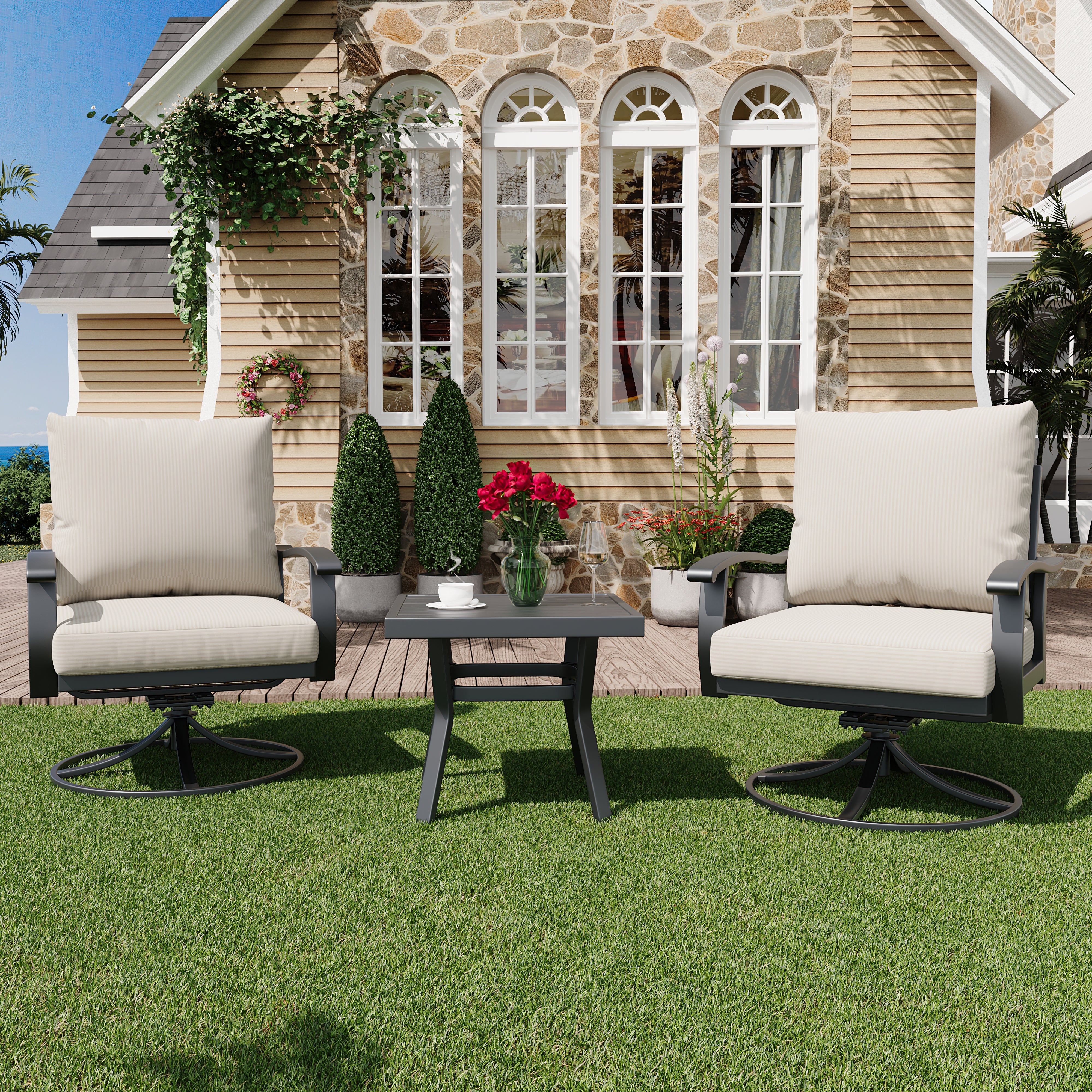 HOMREST Outdoor Swivel Rocker Patio Chairs with Coffee Table, 3 PCS Bistro Set, Beige