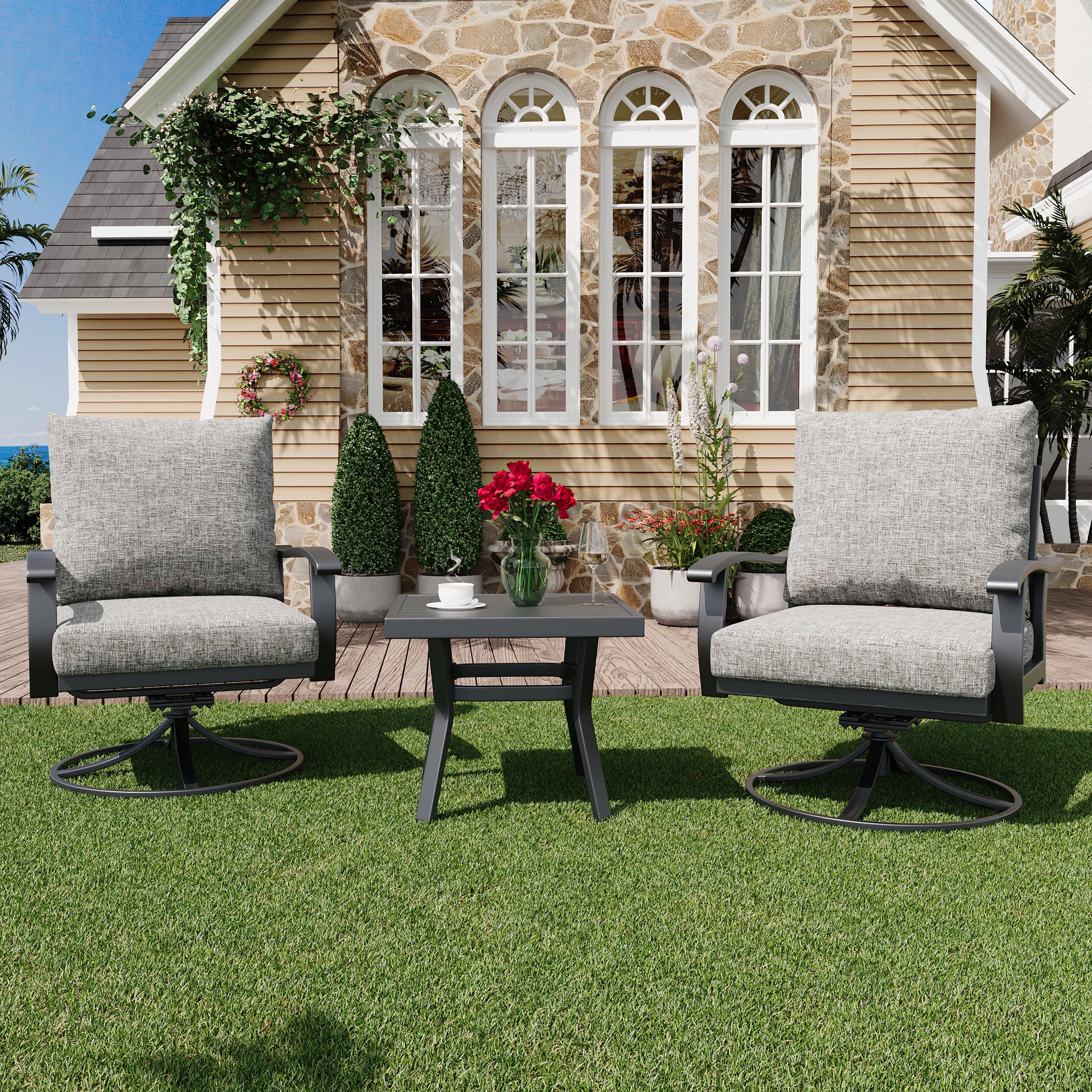 HOMREST Outdoor Swivel Rocker Patio Chairs with Coffee Table, 3 PCS Bistro Set, Gray