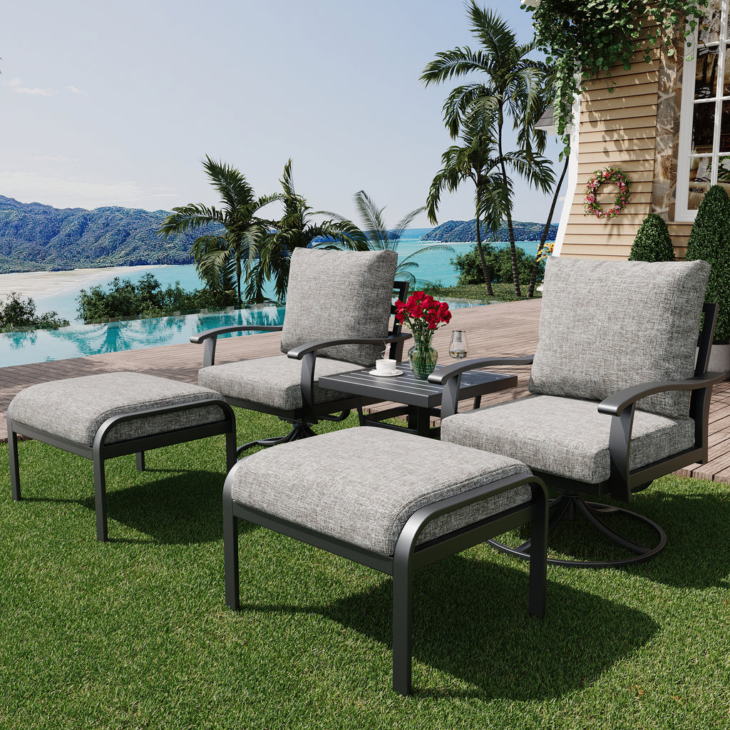 HOMREST 5 Pcs Outdoor Swivel Rocker Patio Chairs with Ottomans and Coffee Table, Gray