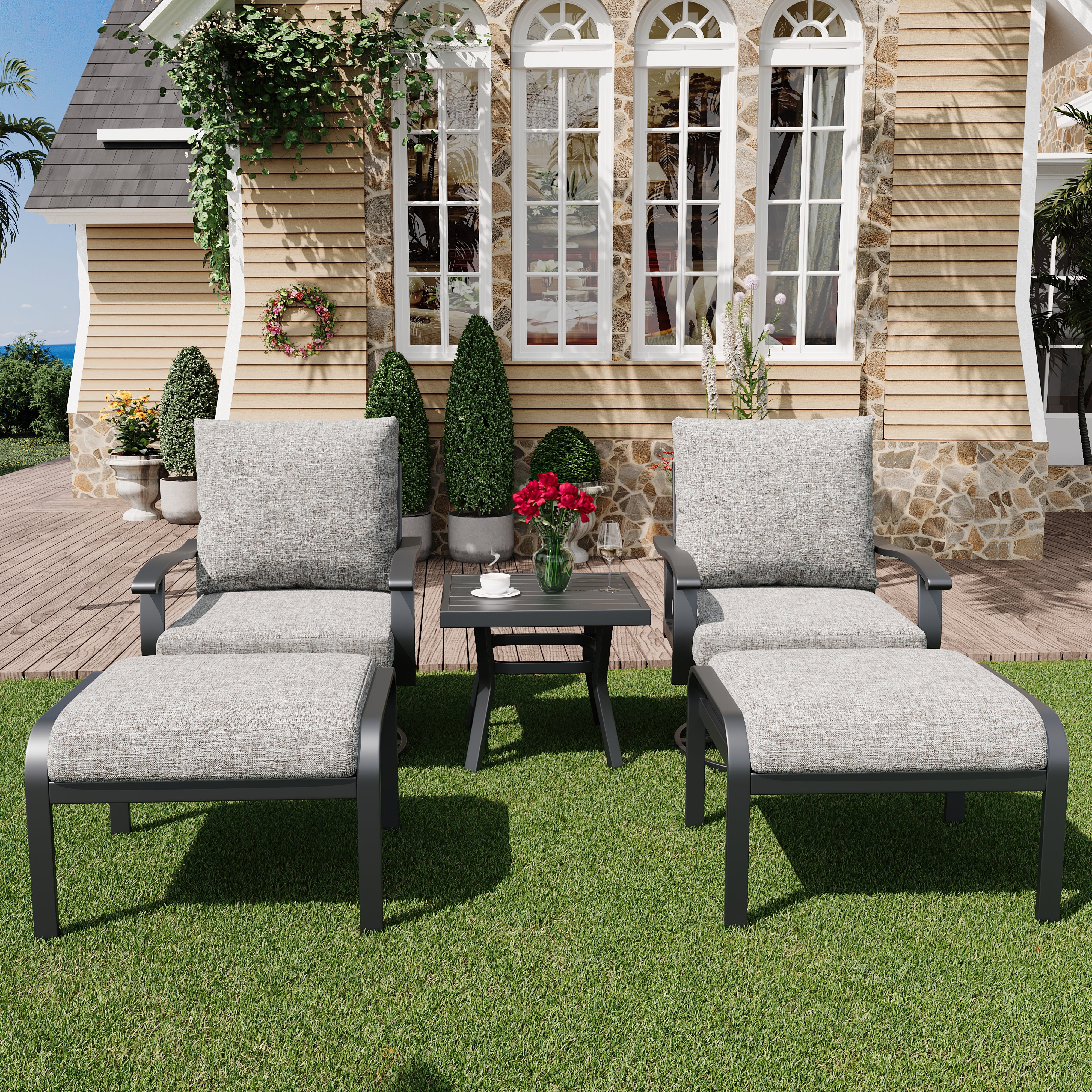 HOMREST 5 Pcs Outdoor Swivel Rocker Patio Chairs with Ottomans and Coffee Table, Gray