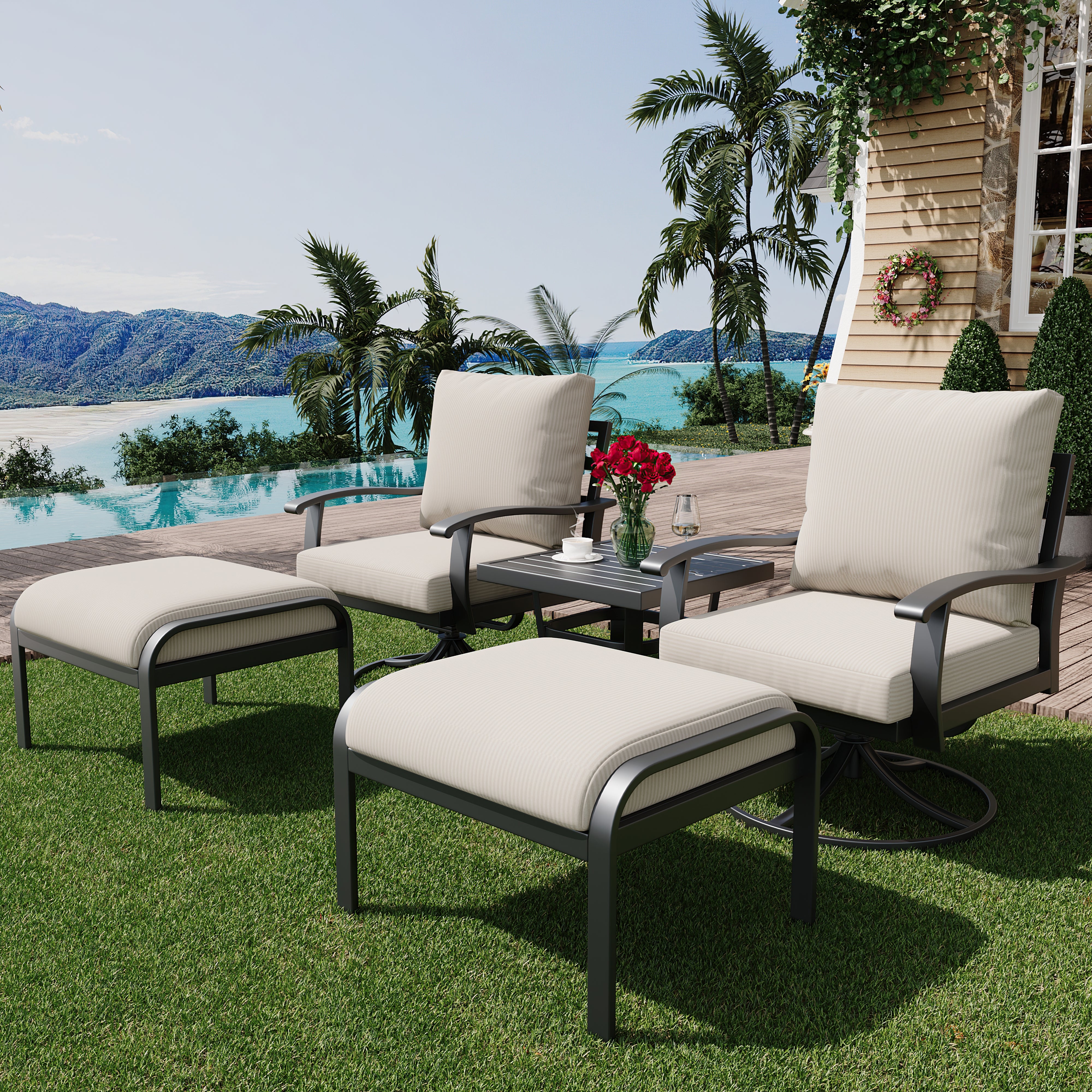 HOMREST Outdoor Swivel Rocker Patio Chairs with Ottomans, 5 PCS Bistro Set for Garden, Deck, Beige