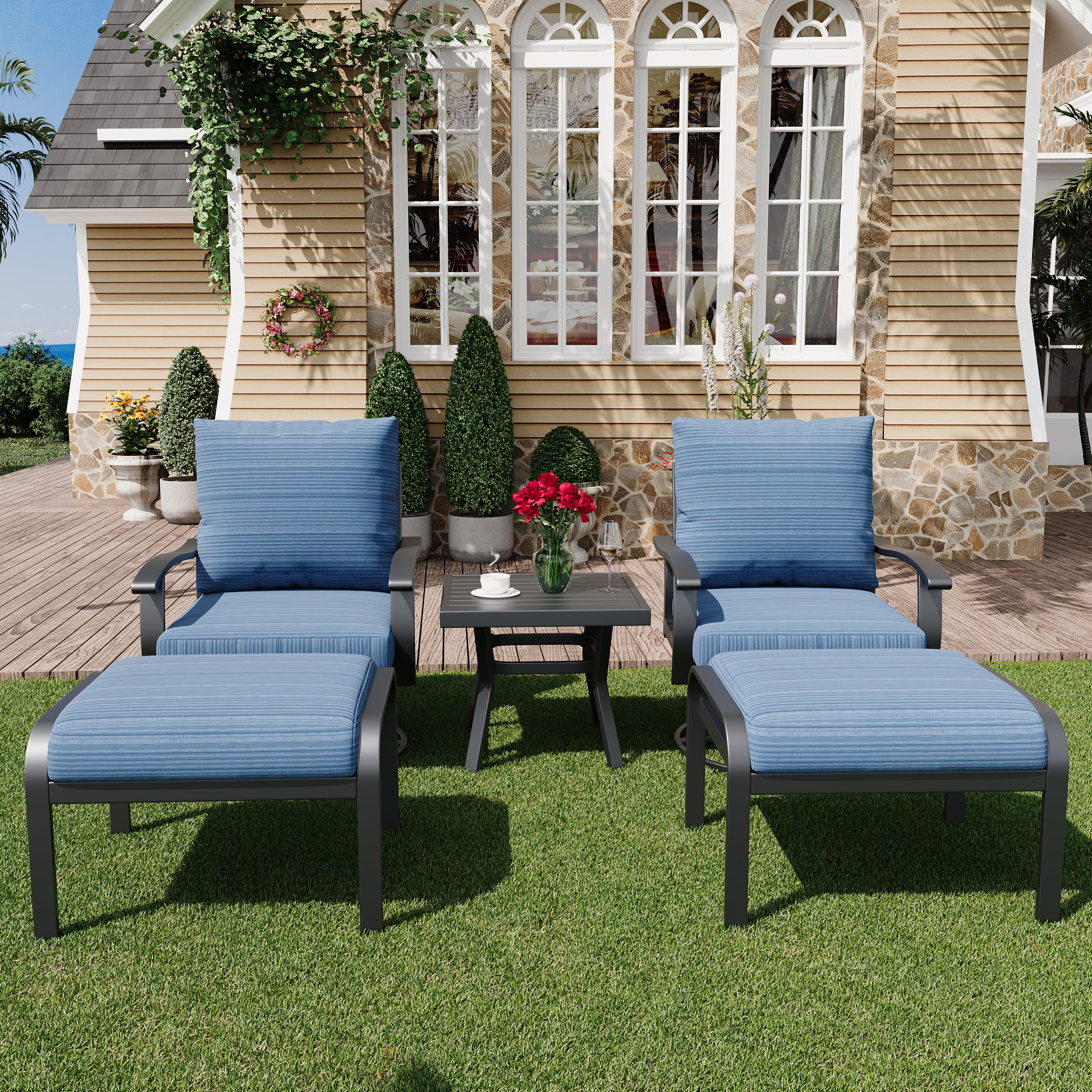 HOMREST Outdoor Swivel Rocker Patio Chairs with Ottomans, 5 PCS Bistro Set for Garden, Deck, Blue