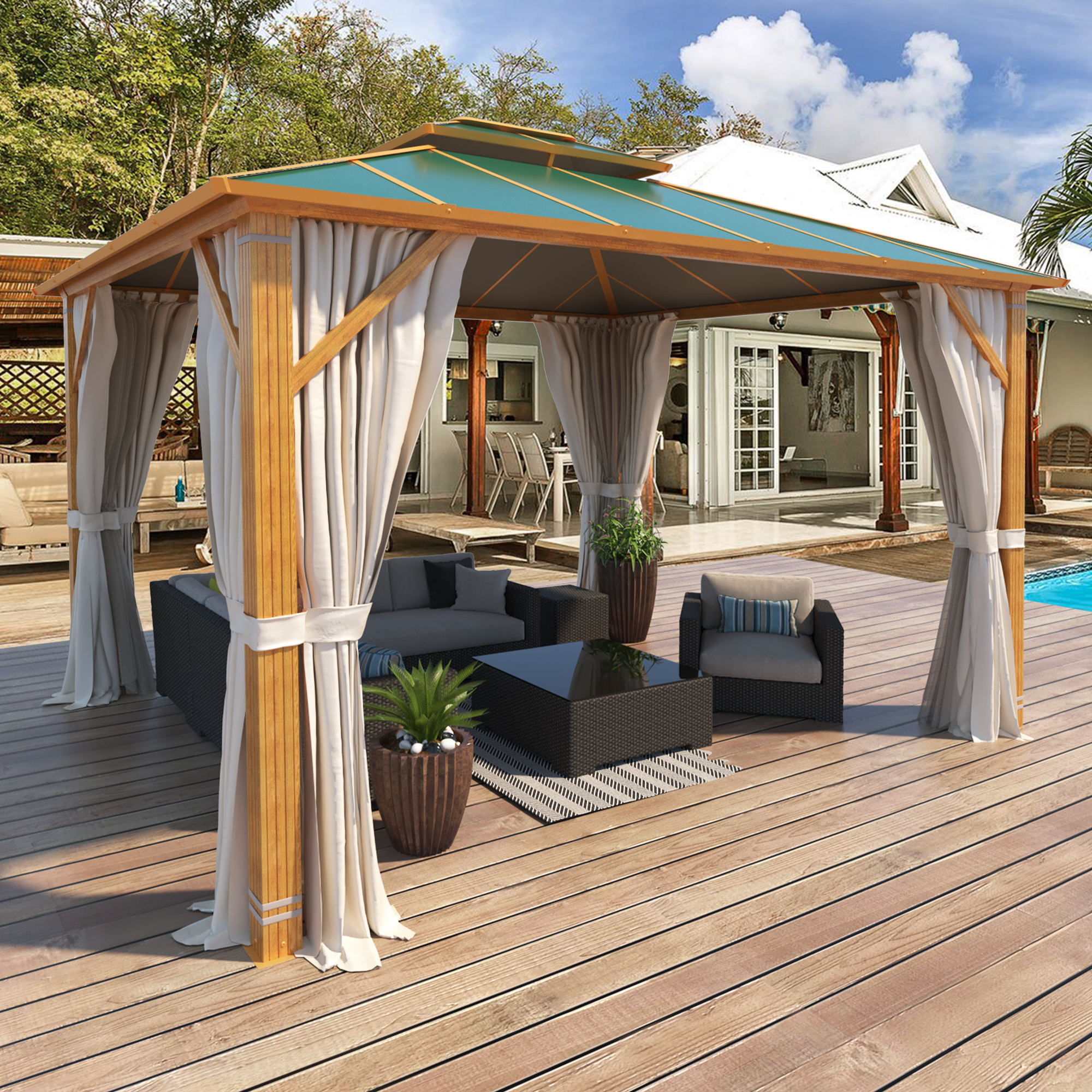 Homrest 10'x12' Gazebo, Outdoor Wood Grain Hardtop Gazebos, Aluminum Composite Double Roof with Privacy Curtain and Mosquito Net Green