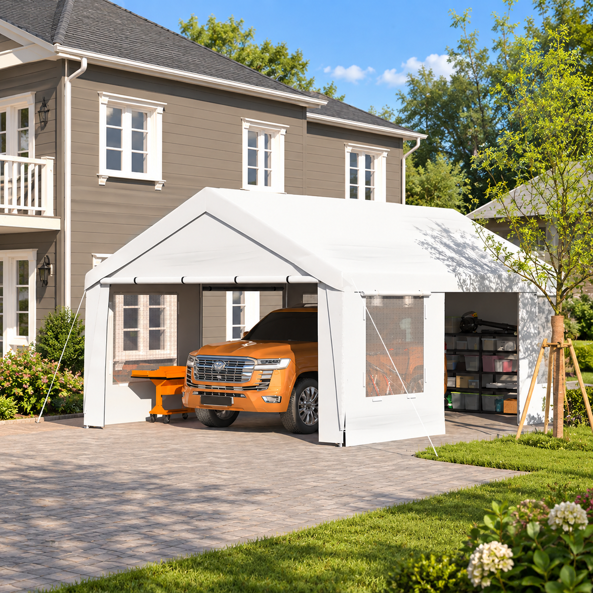 HOMREST 13x20 FT Heavy Duty Carport, Portable Garage with Sidewalls, White